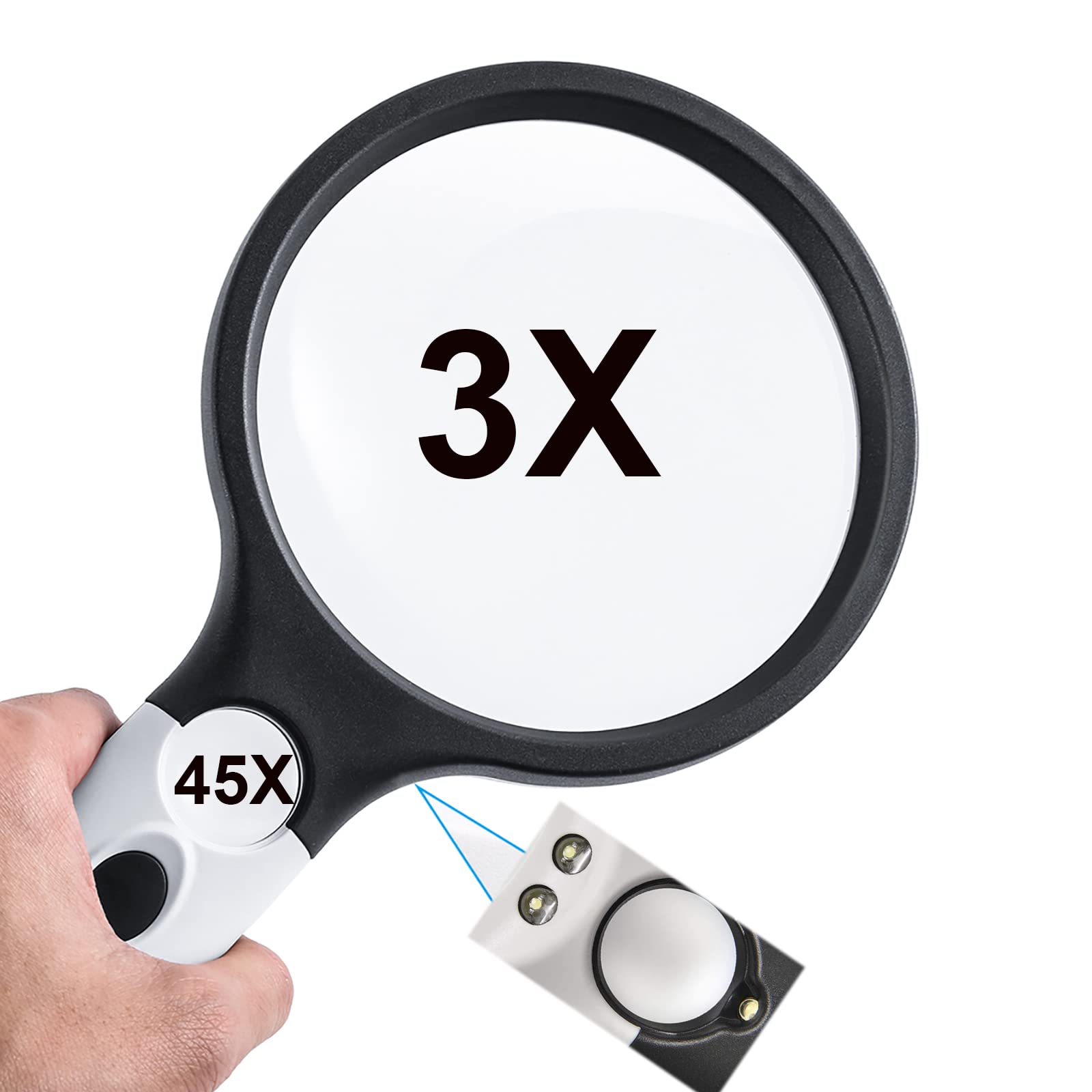 Handheld Magnifying Glass with 3 LED Light, 3X 45X Handheld Illuminated Magnifier for Macular Degeneration Seniors Reading