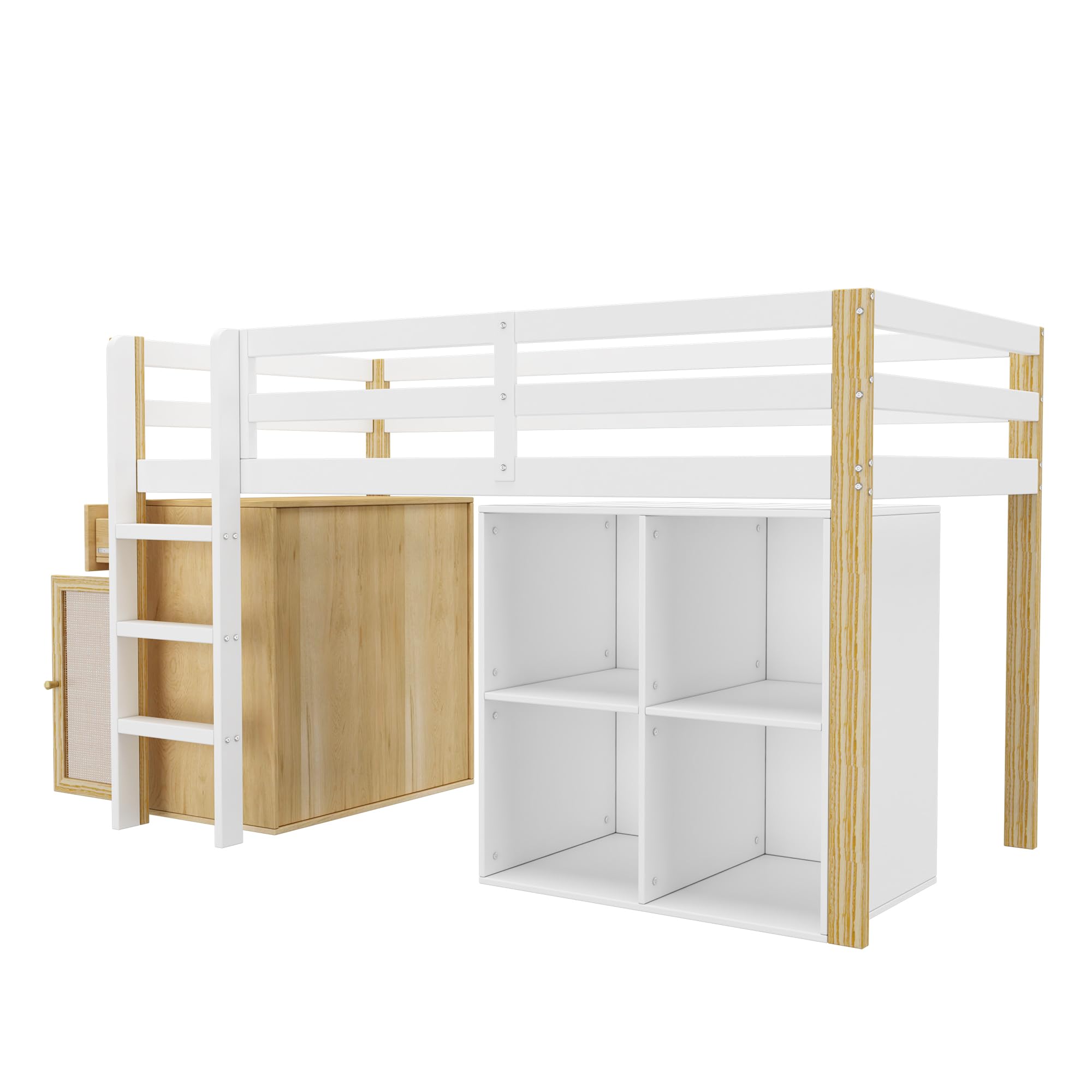 Kinderbett Hochbett 90x200, mit 2 Aufbewahrungsschrank und Leiter, Platzsparendes Kinder Etagenbett Jugendbett Holzbett Bettrahmen mit Rausfallschutz und Lattenrost, stabiles Massivholz, Natur&Weiß