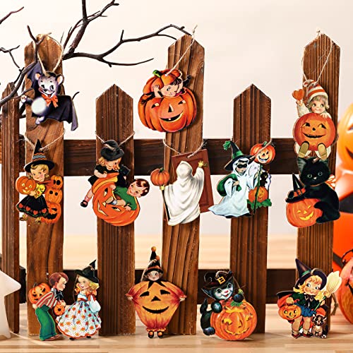 Image of Geelin 24 Pcs Vintage Halloween Wooden Ornaments | Pumpkin Witch Ghost Black Cat Wood Cutout, Retro Halloween Decorations, for Tree Home Mantel Wreath Party Decor