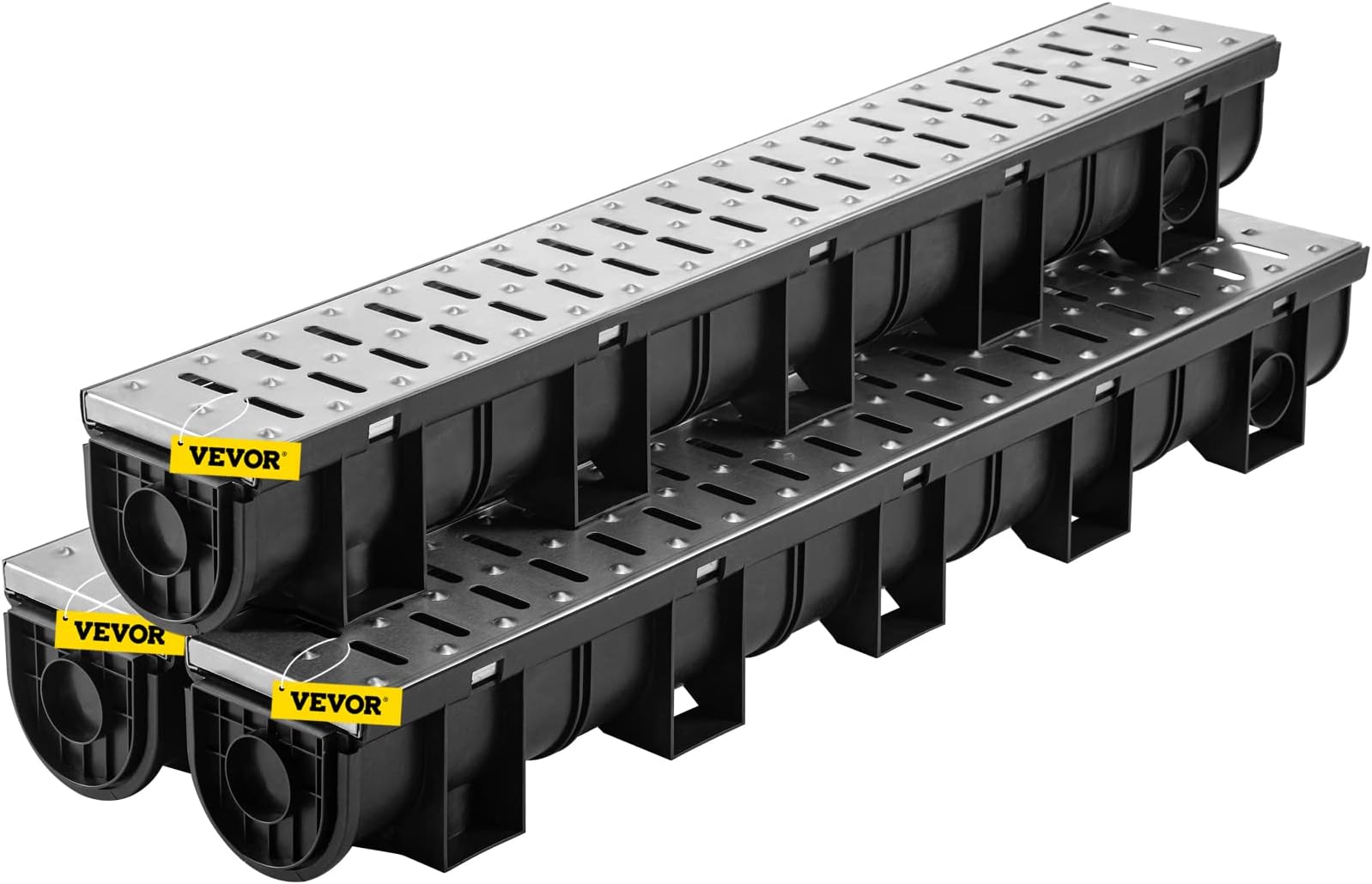 VEVORTrench Drain System, Channel Drain with Metal Grate, 5.9x5.1-Inch HDPE Drainage for Garage Floors, Black Plastic Trench with End Caps, 3x39 Grate - 3 Pack