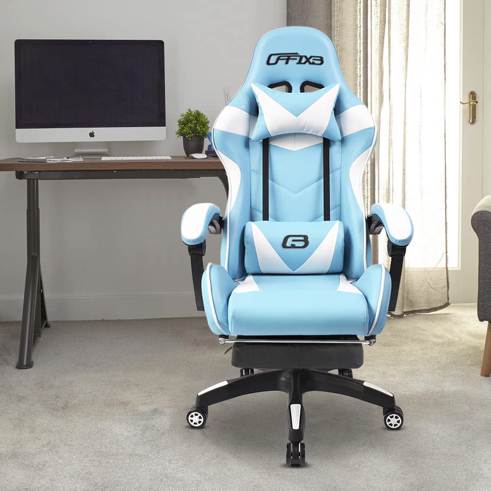 Mediawave Store - Sedia da Gaming Ergonomica, da Ufficio AZRACE in Ecopelle con Poggiapiedi Poltrona Sedile Sport di Lusso, con Braccioli e Poggiatesta Cuscino Lombare, Sedia PC (Azzurro)
