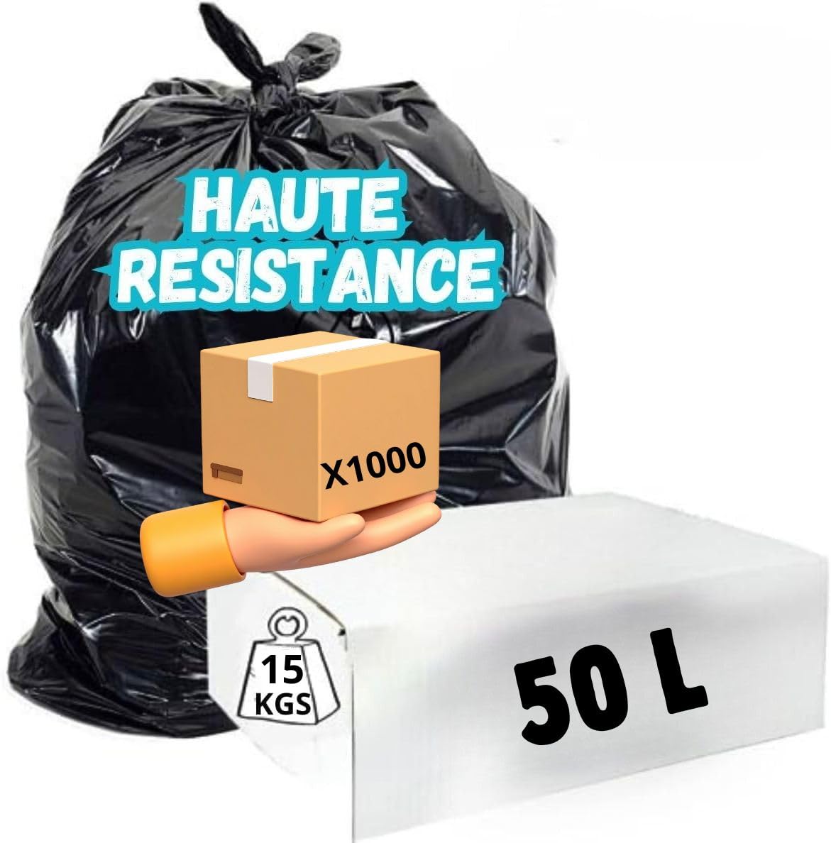 Sacchetti per rifiuti 50 l neri rinforzati 30 micron | Polietilene riciclato | Anti perdite - Anti perforazione | Carichi pesanti e pesanti | Uso privato e professionale | Produzione europea | (1000)
