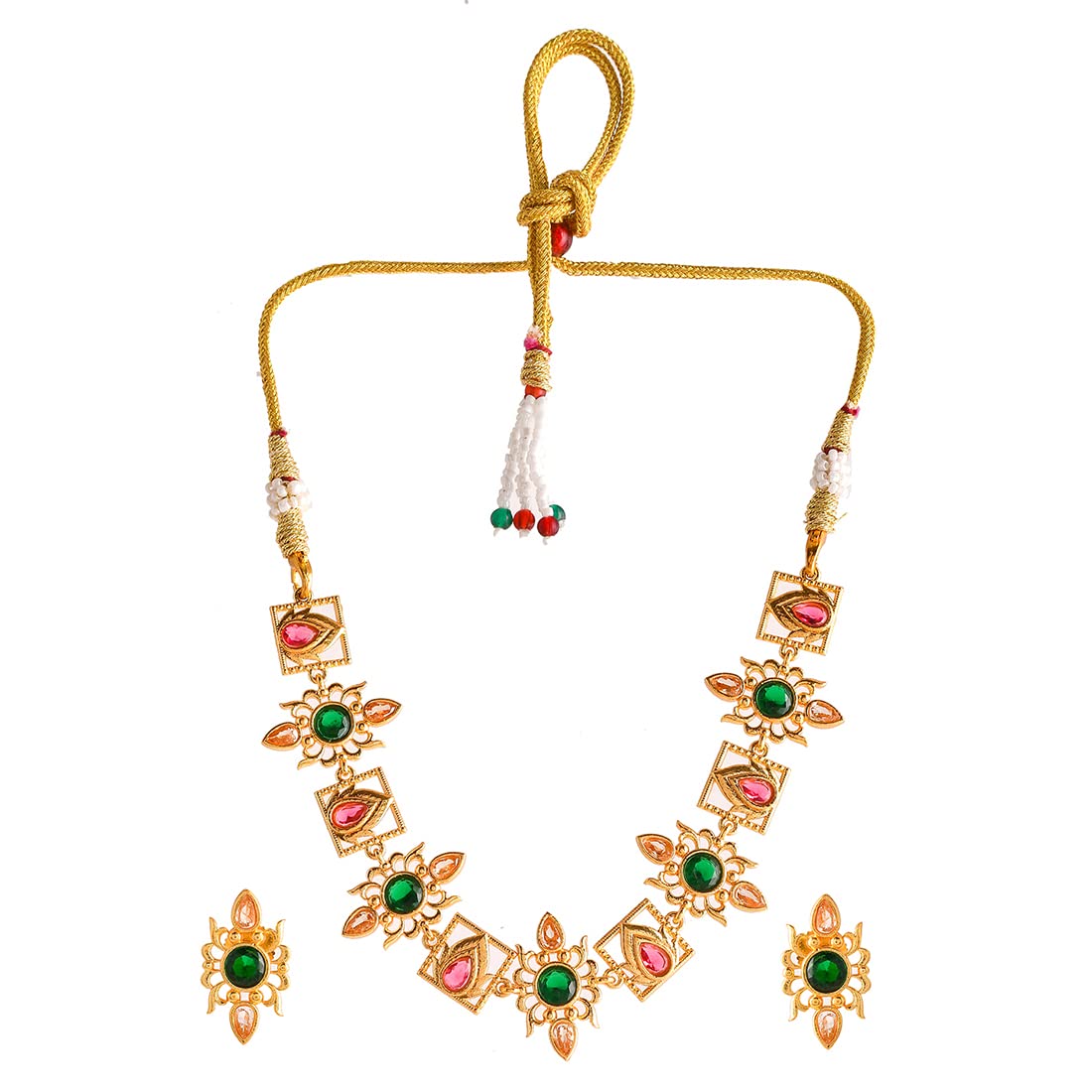 VOYLLAAbharan Green and Red Stones Gold Plated Jewellery Set
