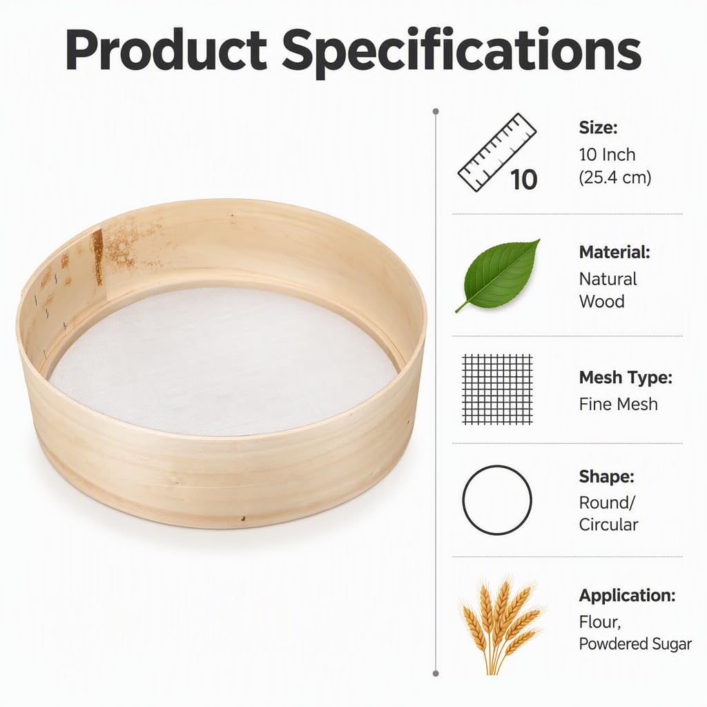 Tamiz de Madera de 25 cm para harina: tamiz Manual de Malla Fina para azúcar Glas y harina.