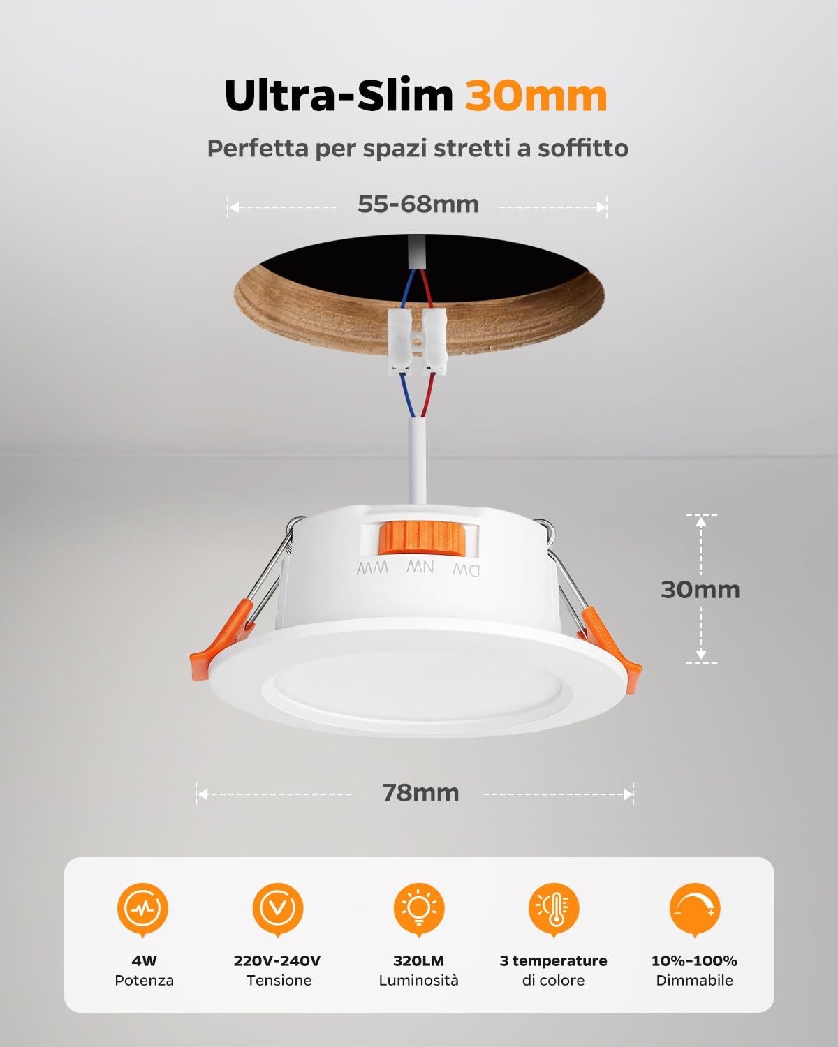 Sanyoung Faretti da Incasso per Cartongesso Dimmerabile 4W, Set di 20 | Foro 55-68mm, Luce Caldo Luce Naturale Luce Freddo, 320LM, Impermeabile IP44, Faretto LED 220V per Bagno