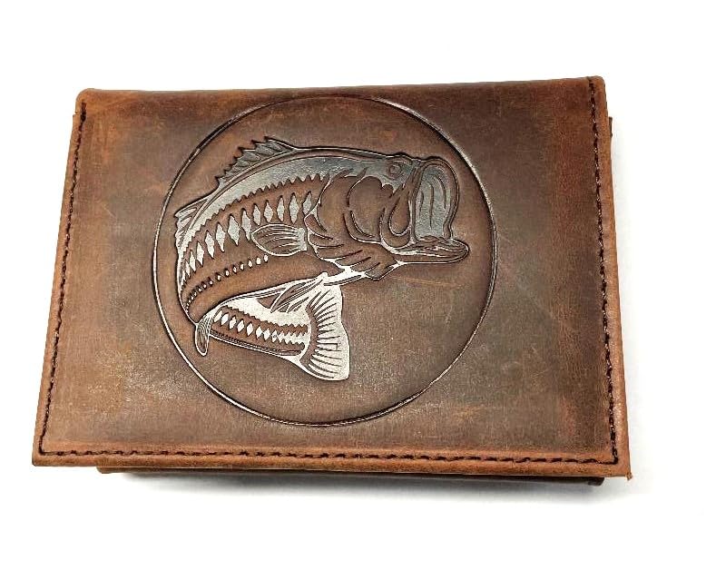 Bass Fishing Trifold Wallet Crazy Horse Leather RFID Protected