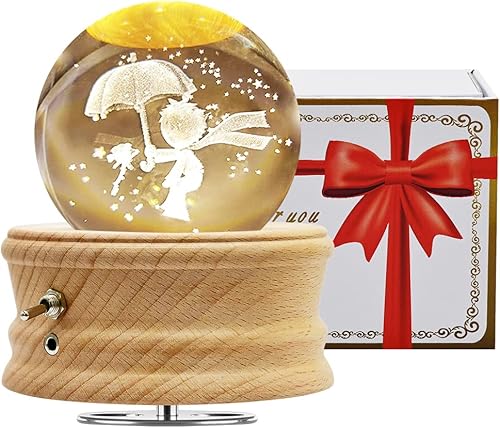 Miniatura 7 de Caja de música de bola de cristal 3D con luz LED de proyección y base de madera giratoria, regalo para cumpleaños, Navidad, día de San Valentín,