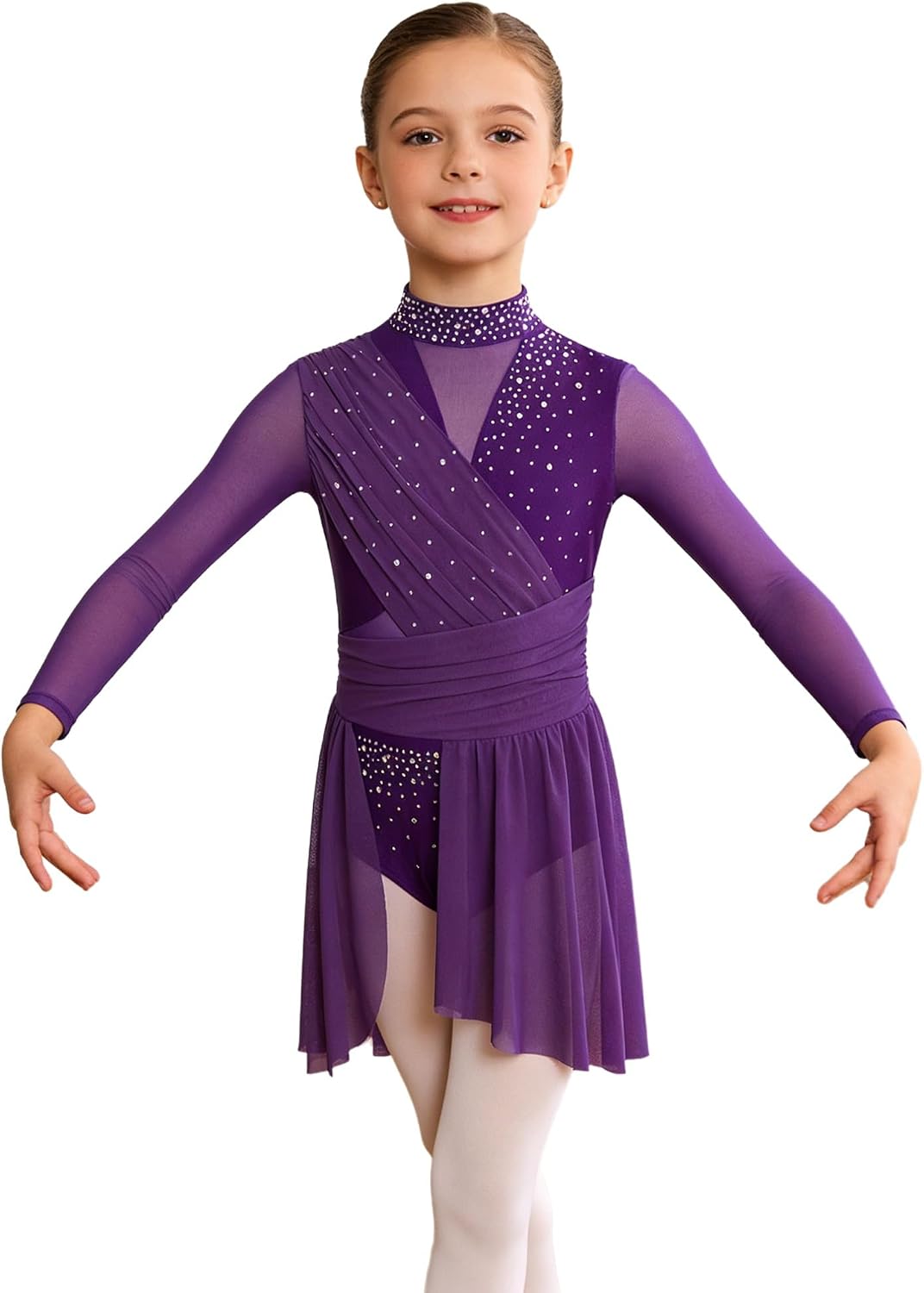 Kids Girls Lyrical Dance Dress Long Sleeve Backless Shiny Rhinestone Ruched Mesh Ballet Skirted Leotard