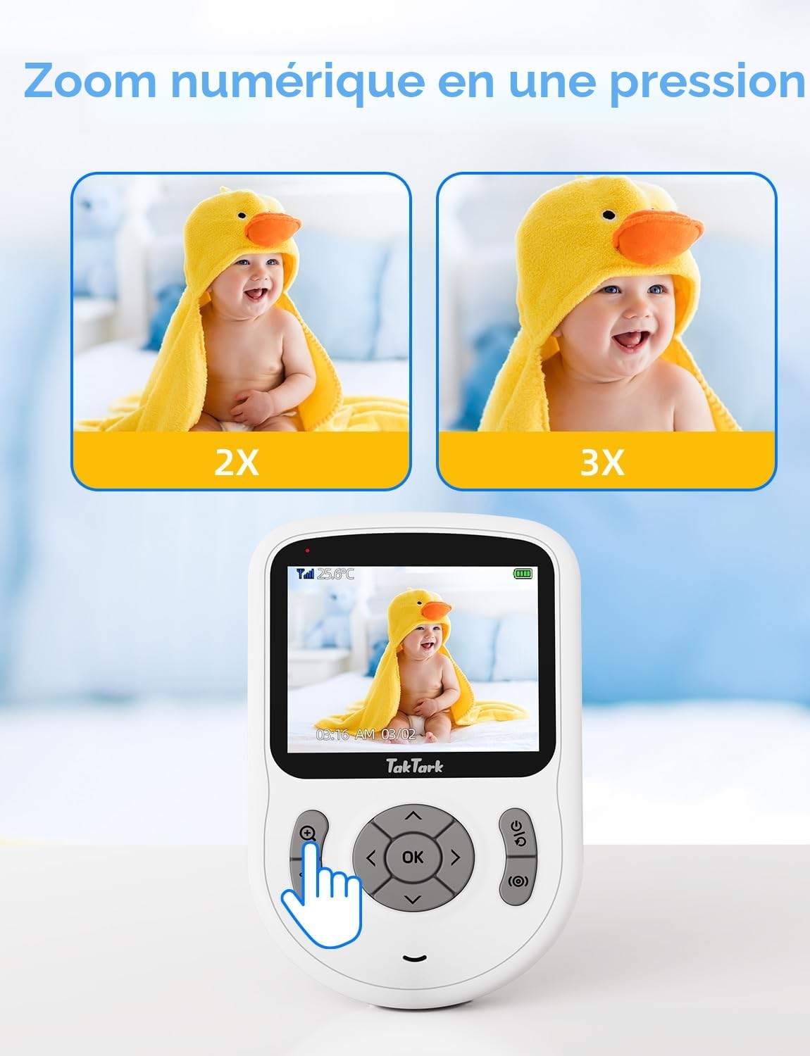 TakTark Babyphone avec caméra 2,8 pouces vidéo-babyphone 720p IPS avec caméra sans WLAN, batterie 750mAh, conversation bidirectionnelle, mode VOX, zoom numérique 3×, vision nocturne, surveillance de
