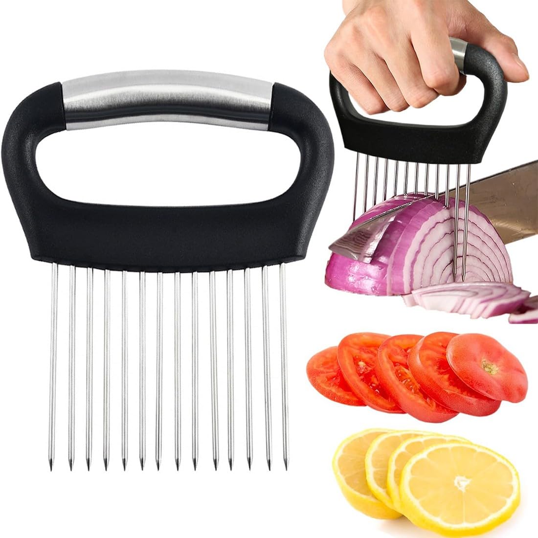 Ago Cipolla Acciaio, Forchetta Cipolla Acciaio per Verdure Affettatrice Guida Supporto Aiuti per Affettare Forchetta Sicura Utensili da Cucina, Inox Frutta Verdura Affettatrice con 10 Punte