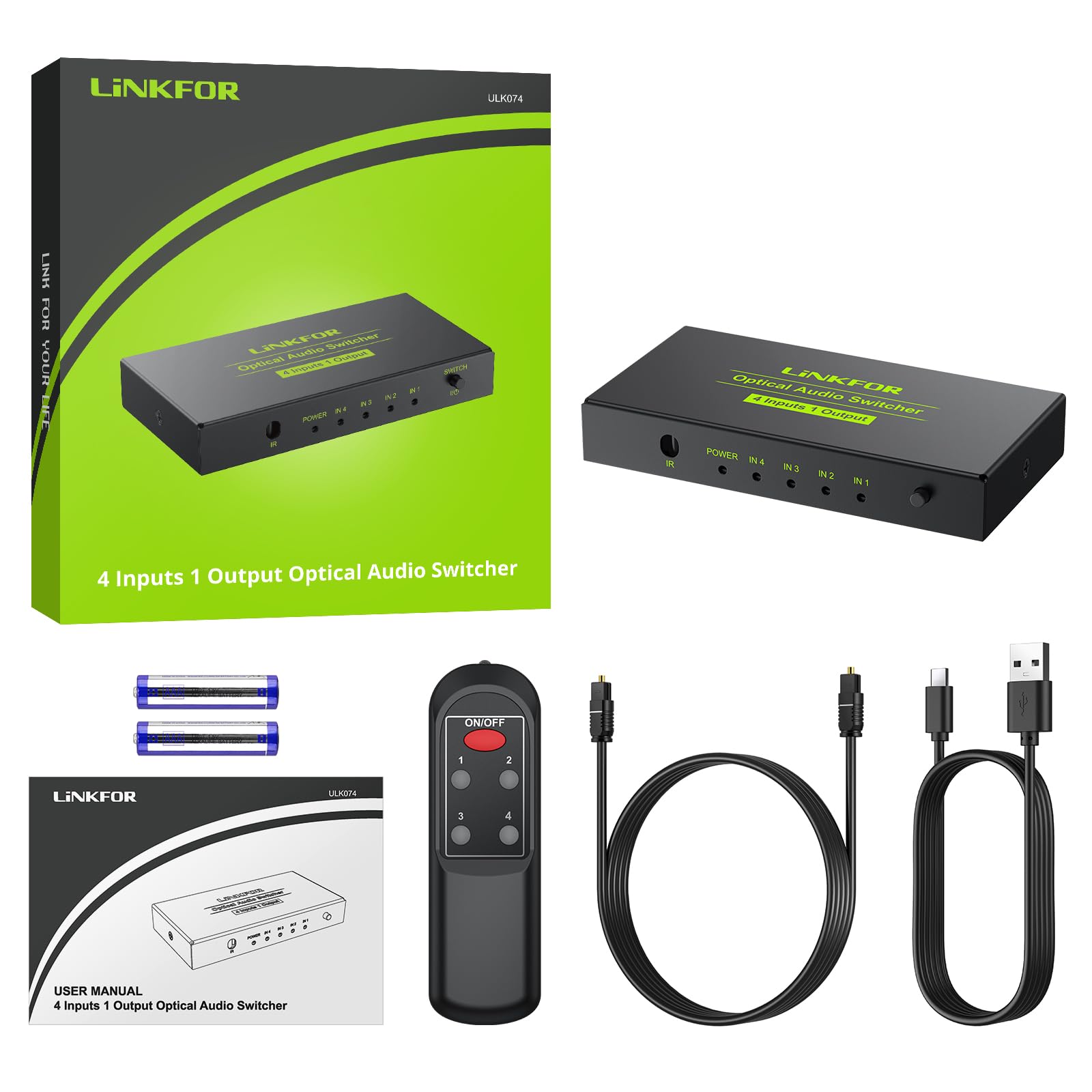 LiNKFOR 4x1 Switch Toslink SPDIF con IR Telecomando Supporto PCM2.0 DTS Dolby-AC3 Switcher Commutatore Audio Digitale 4 in 1 out in Lega di Alluminio Funziona Memoria con Cavo USB per PS3 DVD HDTV