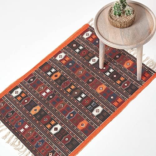 HOMESCAPES 100% Cotton Kilim Printed Rug . Terracotta Black and Brown Design. 60 x 90 cm Multi Purpose Mat.