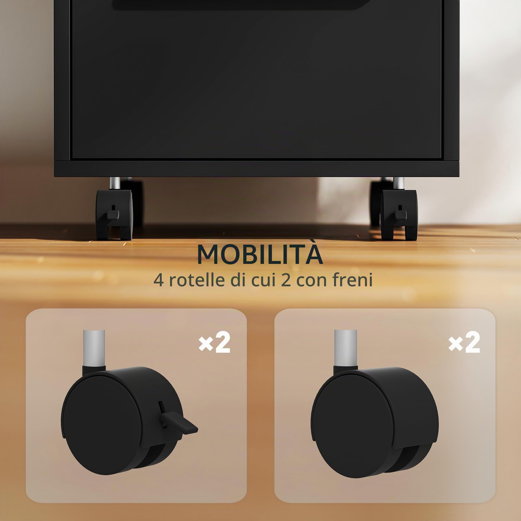HOMCOM Cassettiera da scrivania mobile con 3 cassetti e serratura, mobile da scrivania su ruote, per documenti e stampante, contenitore compatto per lavoro o camera da letto, 40 x 40 x 63,5 cm, nero
