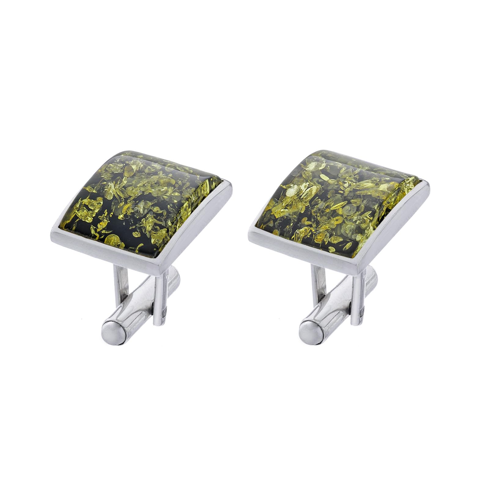 Herren Manschettenknöpfe aus Silber mit Bernstein, moderne rechteckige Form, poliertes Sterling Silber, Natur Bernstein in Grün Farbe, Geschenkidee