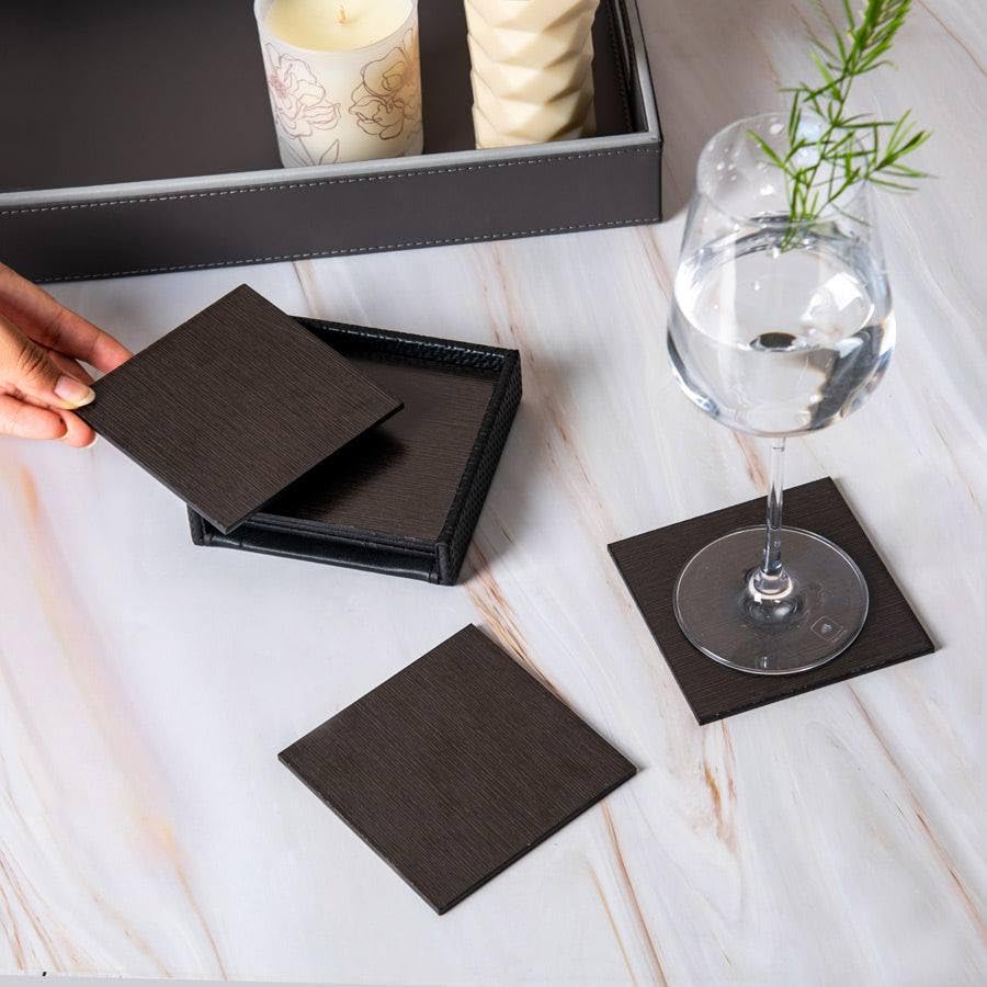 ESQ Living Cask Set of 6 Wooden Coasters | Coaster for Dining Table, Home & Office | PU Leather Coasters with Proper Coaster Stand for Hot Pots, Coffee, Beer, Wine Glasses | Premium Finish - Black