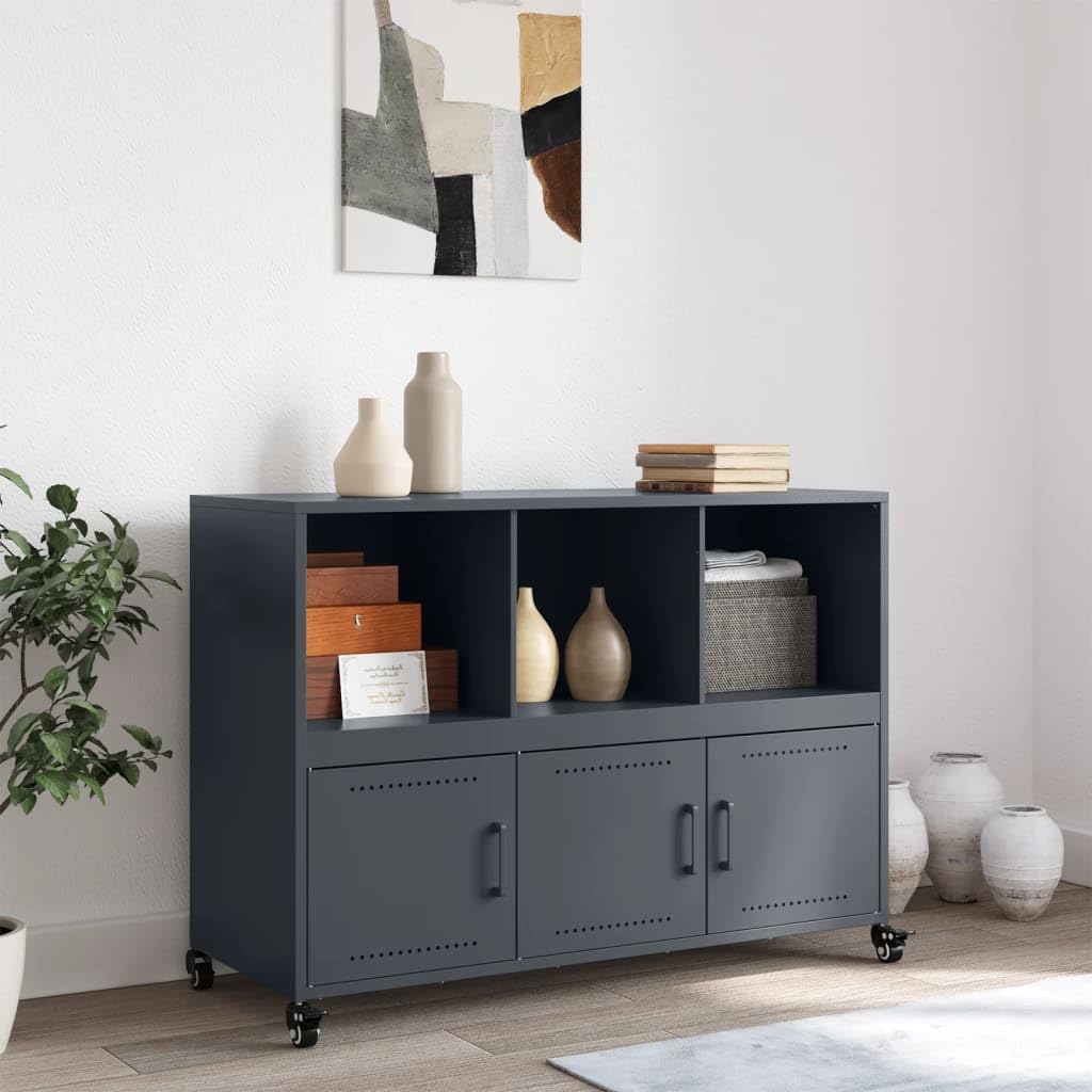 Credenza antracite, 100,5 x 39 x 72 cm, in acciaio, con ruote