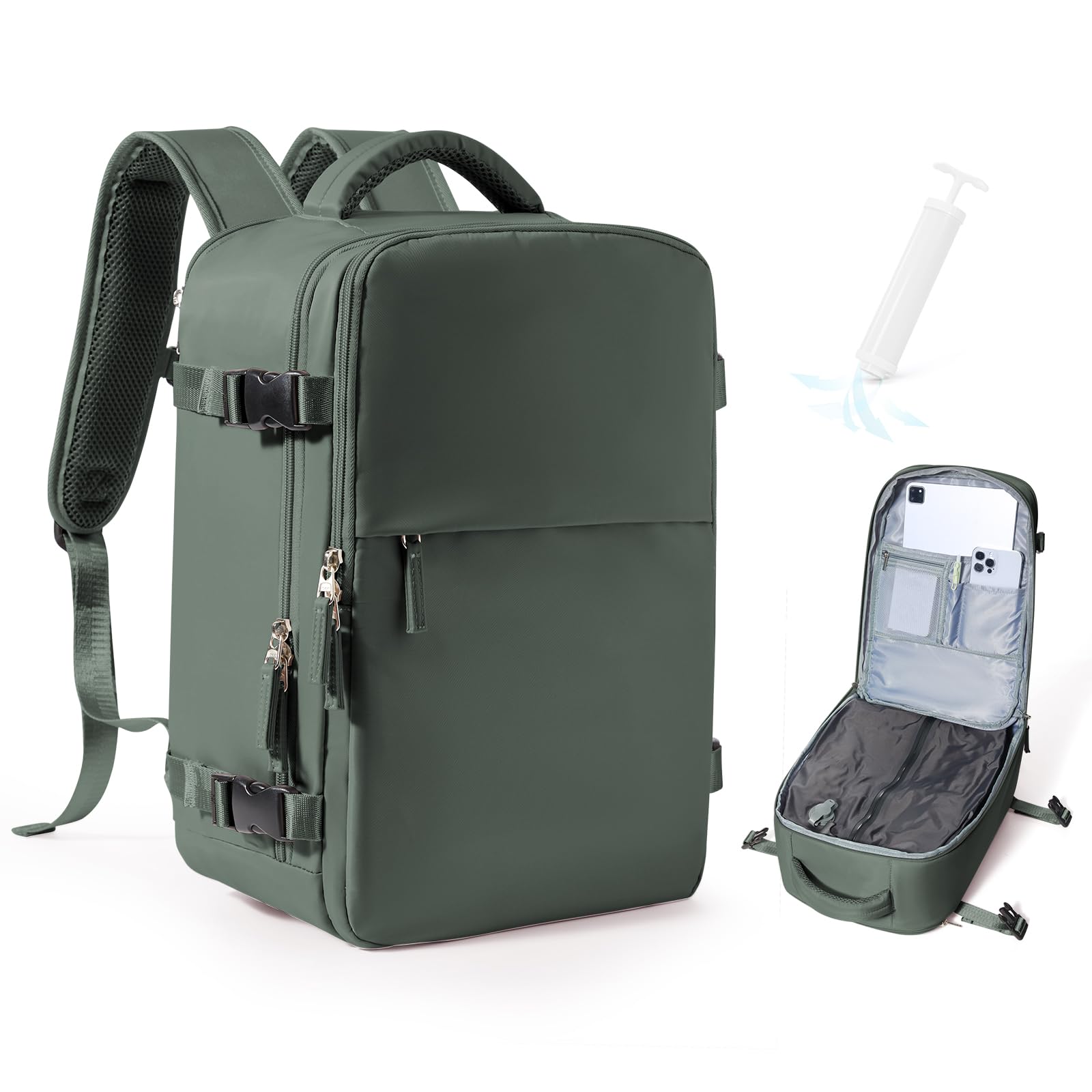 kibachev Zaino sottovuoto, bagaglio a mano 45x36x20 per EasyJet – Zaino da viaggio compatto con sistema sottovuoto e organizer, verde