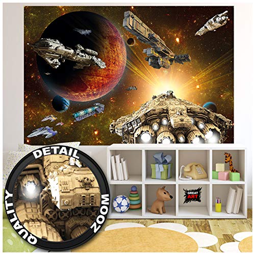 GREAT ART XXL Poster Kinderzimmer  Galaxy Adventure  Wandbild Dekoration Raumfahrt Mission Shuttle Science Fiction Raumschiff Weltraum All Stern Wandposter Fotoposter Wanddeko(140 x 100 cm)