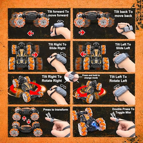 Image of VGRASSP Dual Control Twisting Drift Stunt Mist Car Toy for Kids with Remote Control and Gesture Wrist Controller - Rechargeable 360 Rotating Smoke RC Car Toy with LED Lights, Sound Effects - Orange