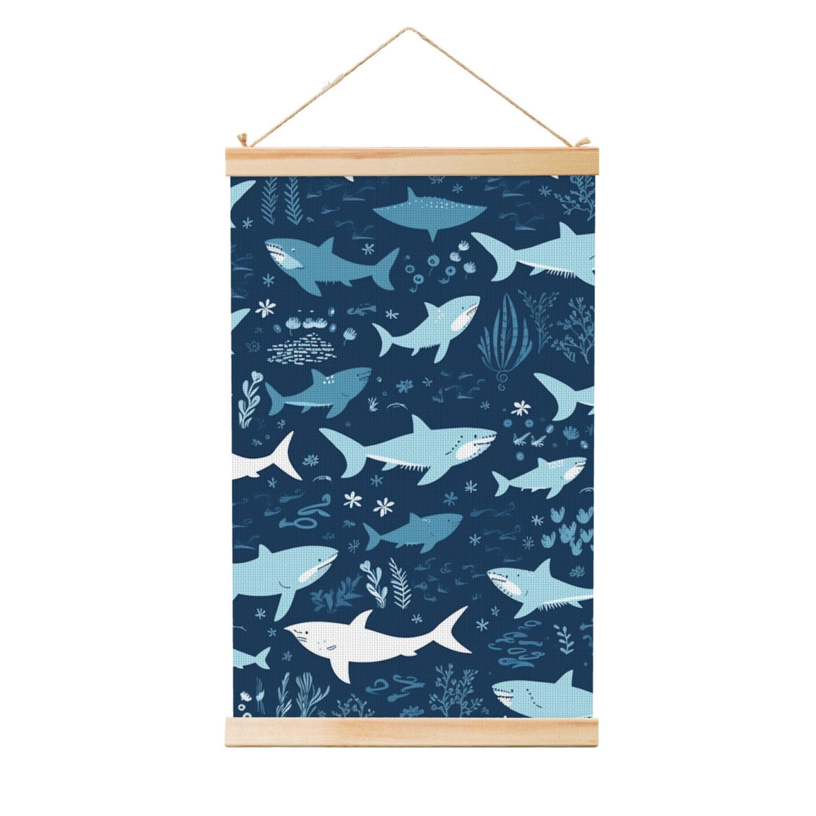 Sharks Posters Wooden Shaft Hanging Poster Canvas Prints Scroll Wall Art Painting Vintage Wall Banner Modern Artwork Decor for Home Decor Ready to Hang 20"x30"