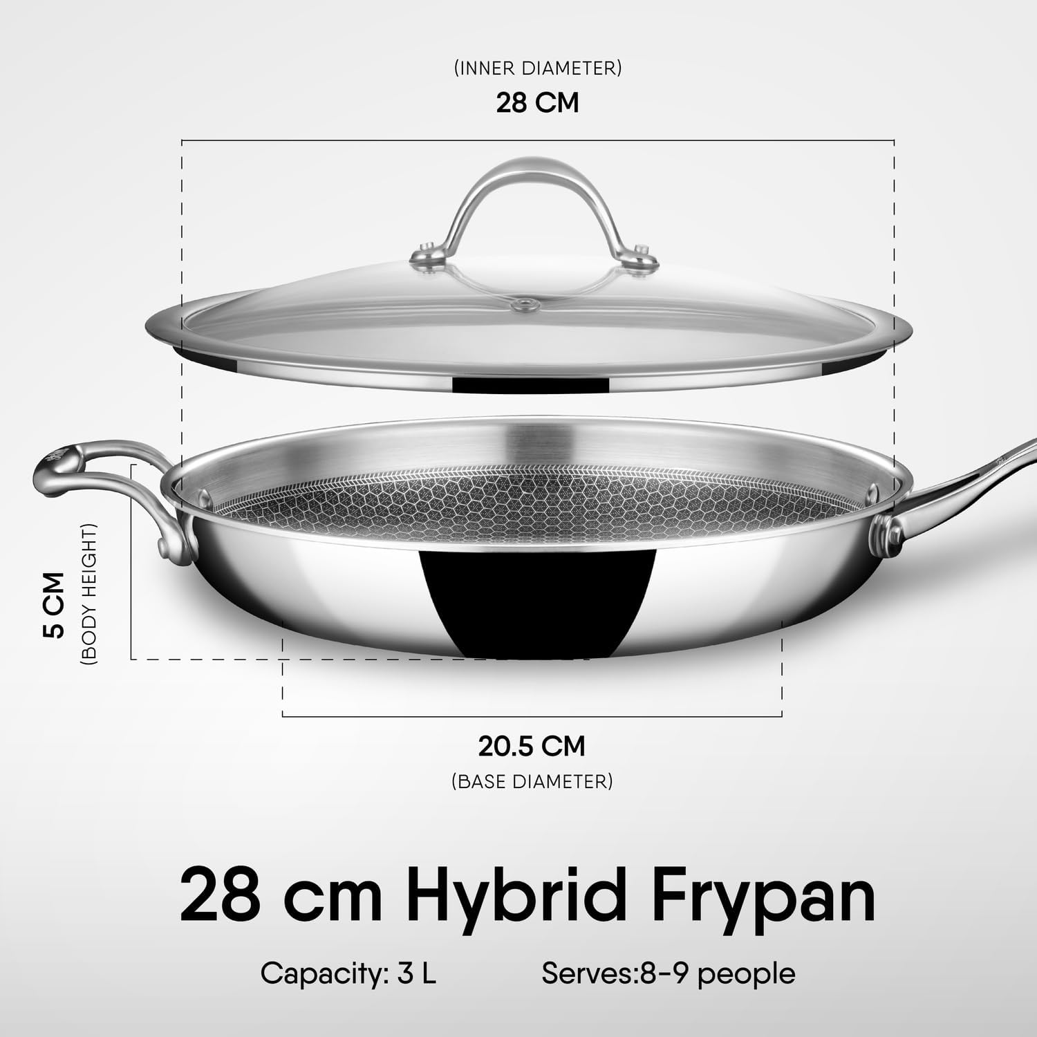 Stahl Artisan Hybrid Triply Frying Pan with Lid, Fry pan induction base, Frying pan non stick, Omelette Pan non stick, Frying pan stainless steel, 2.3 L, 28 cm, Large
