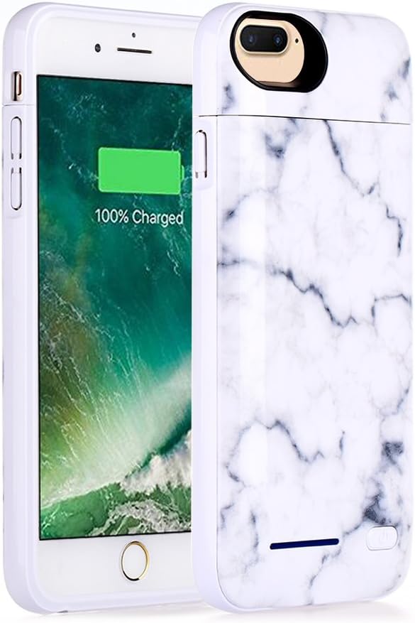 iPhone 8 Plus Battery Case, iPhone 7 Plus, iPhone 6 Plus Backup Charging Case White Marble Design - 4500mAh Ultra Slim Extended Battery Charger Pack Power Bank - White