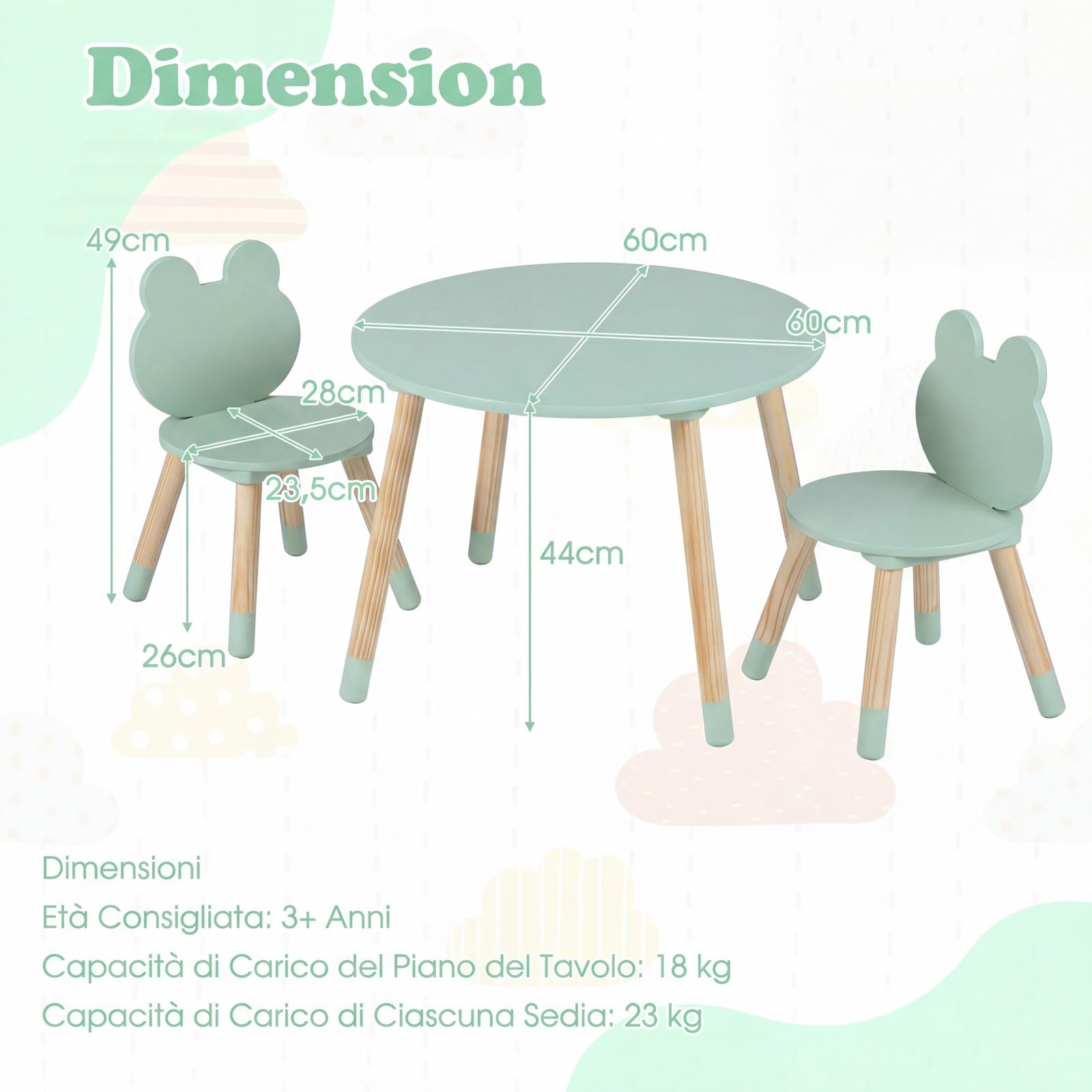 COSTWAY Set Tavolo e Sedie per Bambini, Tavolino e 2 Sedie a Forma di Rana con Gambe in Legno e Angoli Arrotondati, Set Mobili Salvaspazio per Bambini 3+ Anni per Cameretta Ragazzi (Verde)