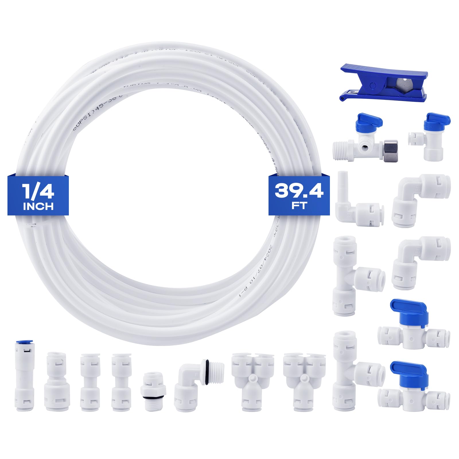 Photo 1 of 1/4 Water Line, cnaodun with 1/4" OD 39.4ft Water Tubing Reverse Osmosis Quick Connect Fittings Push To Connect Water Tube Fittings for RO Water Filter