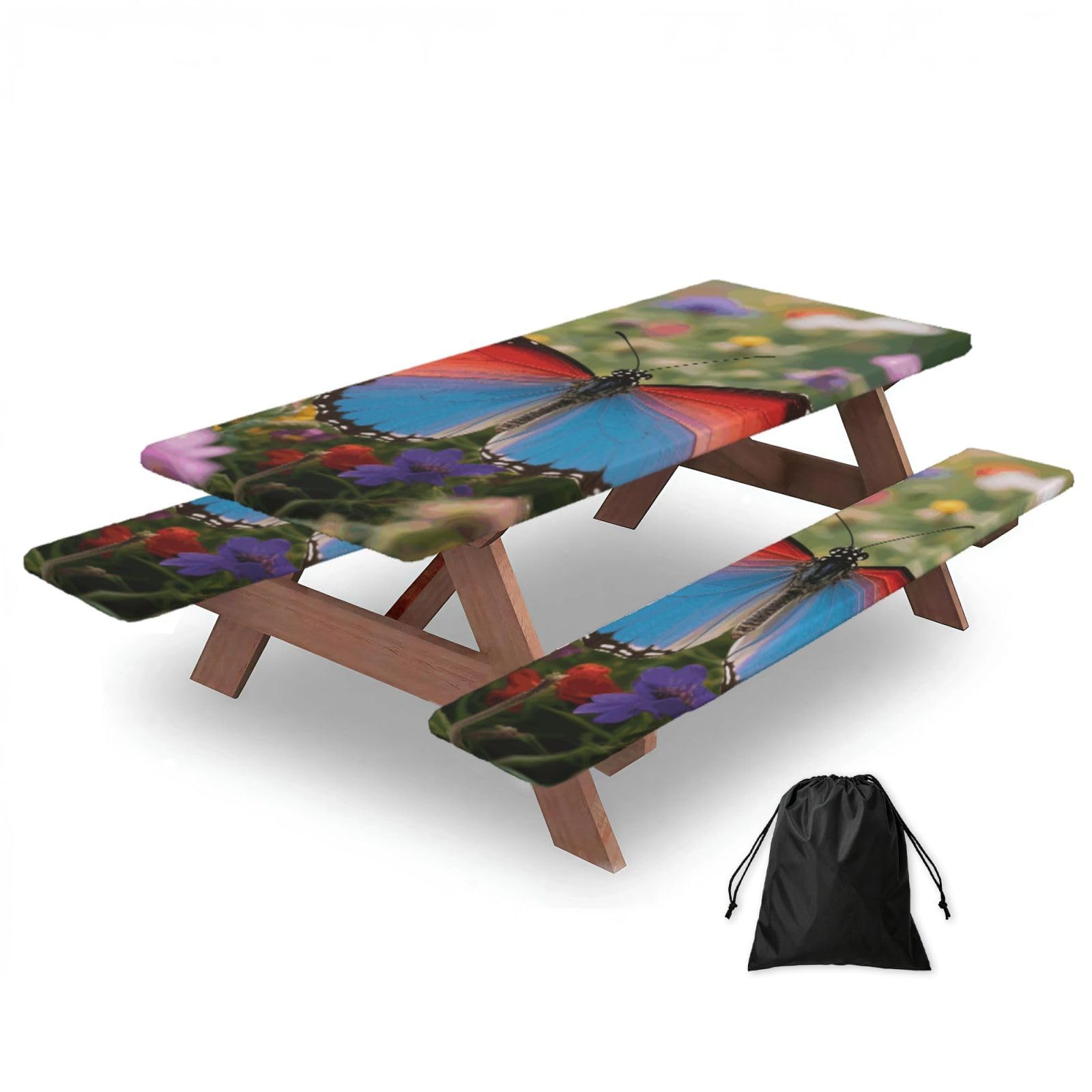 FekiLoot Butterfly Picnic Table Cover with Bench Covers and Bag, Windproof Waterproof Rectangle Tablecloth with Elastic Edges Fitted Camping Table Covers Portable Camping Accessories