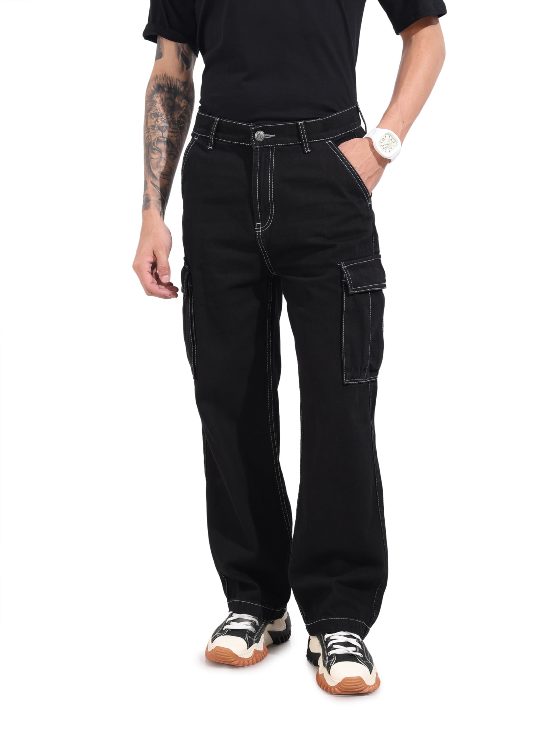 Men Relaxed Fit Solid Mid-Rise Cargo Denim-image-49