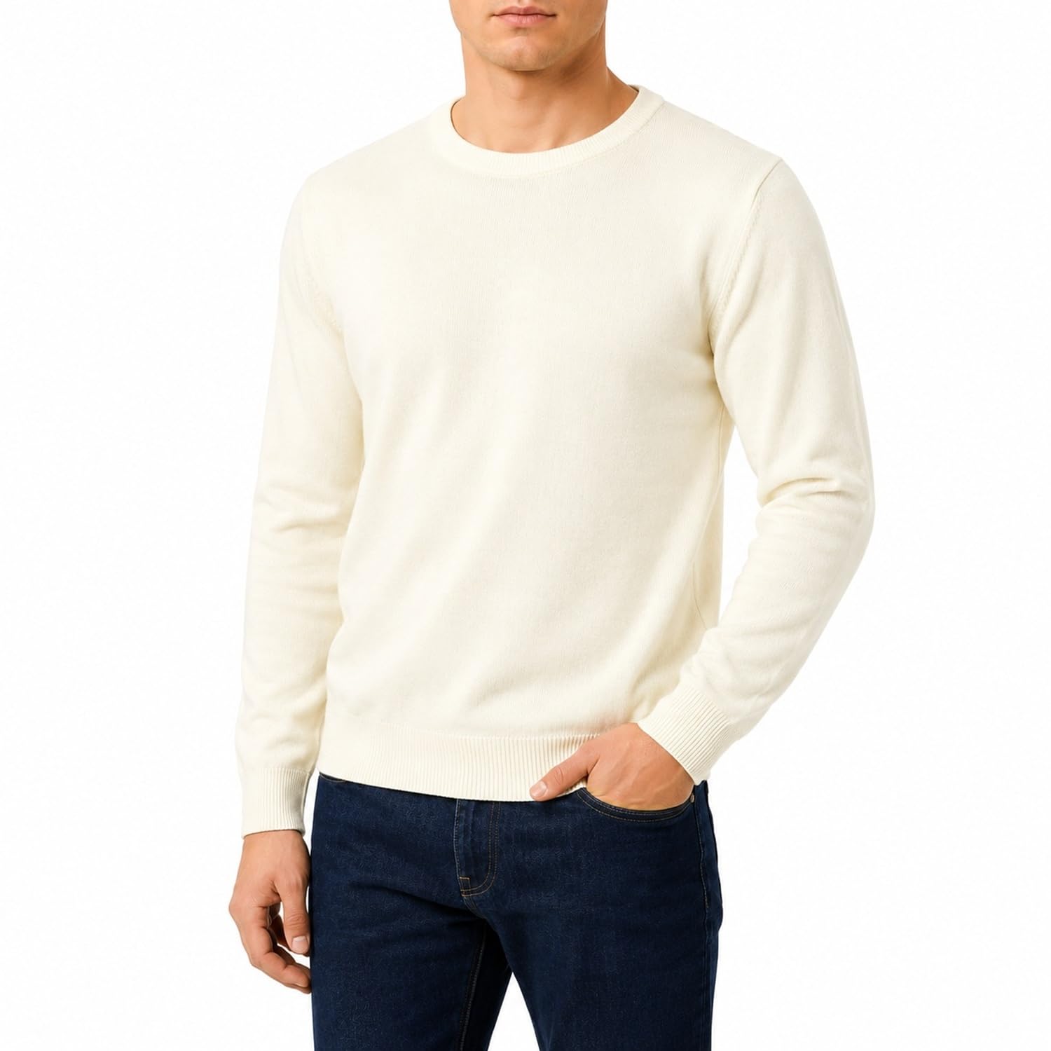 Castle Point Men's Cotton Crew Neck Jumper Knitted Sweater, Cream, XXL