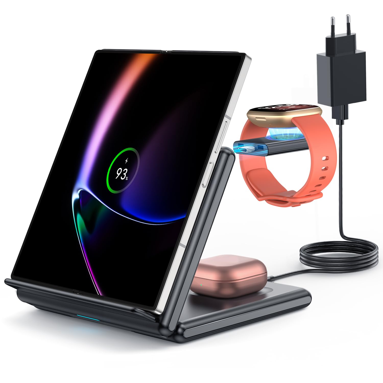 GEEKERA Station de charge inductive 3 en 1 pliable pour Samsung Z Fold/Flip - Chargeur sans fil pour Fitbit Sense/Versa - Chargeur à induction pour Galaxy Buds-Carbon - Noir
