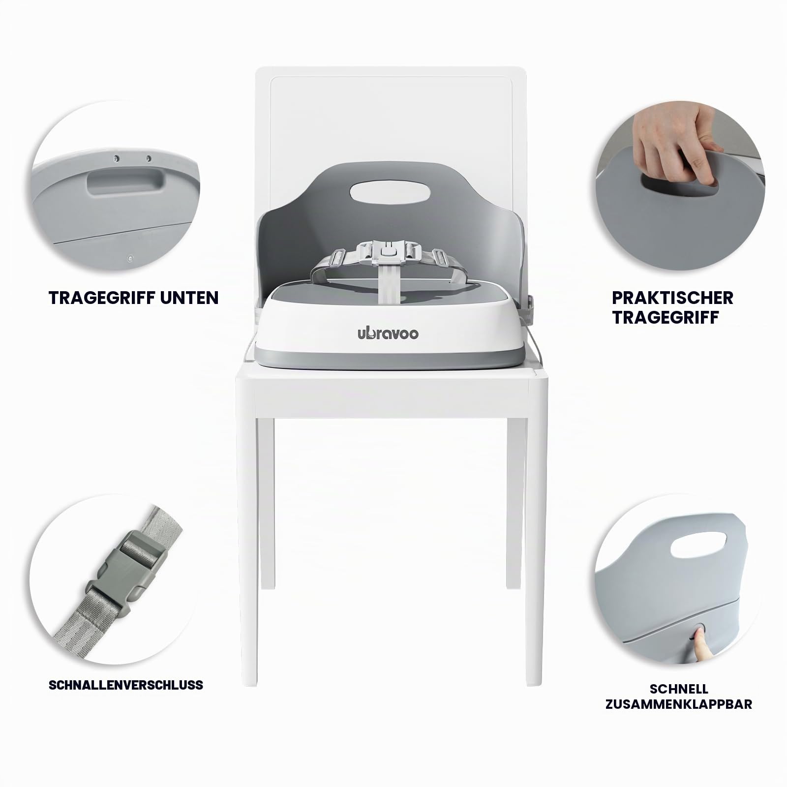UBRAVOO Tragbarer Sitzerhöhung Kind zum Essen, Reisehochstuhl mit 3-Punkt-Gurt, waschbarer Baby-Essstuhl ab 6 Monaten (Grey)