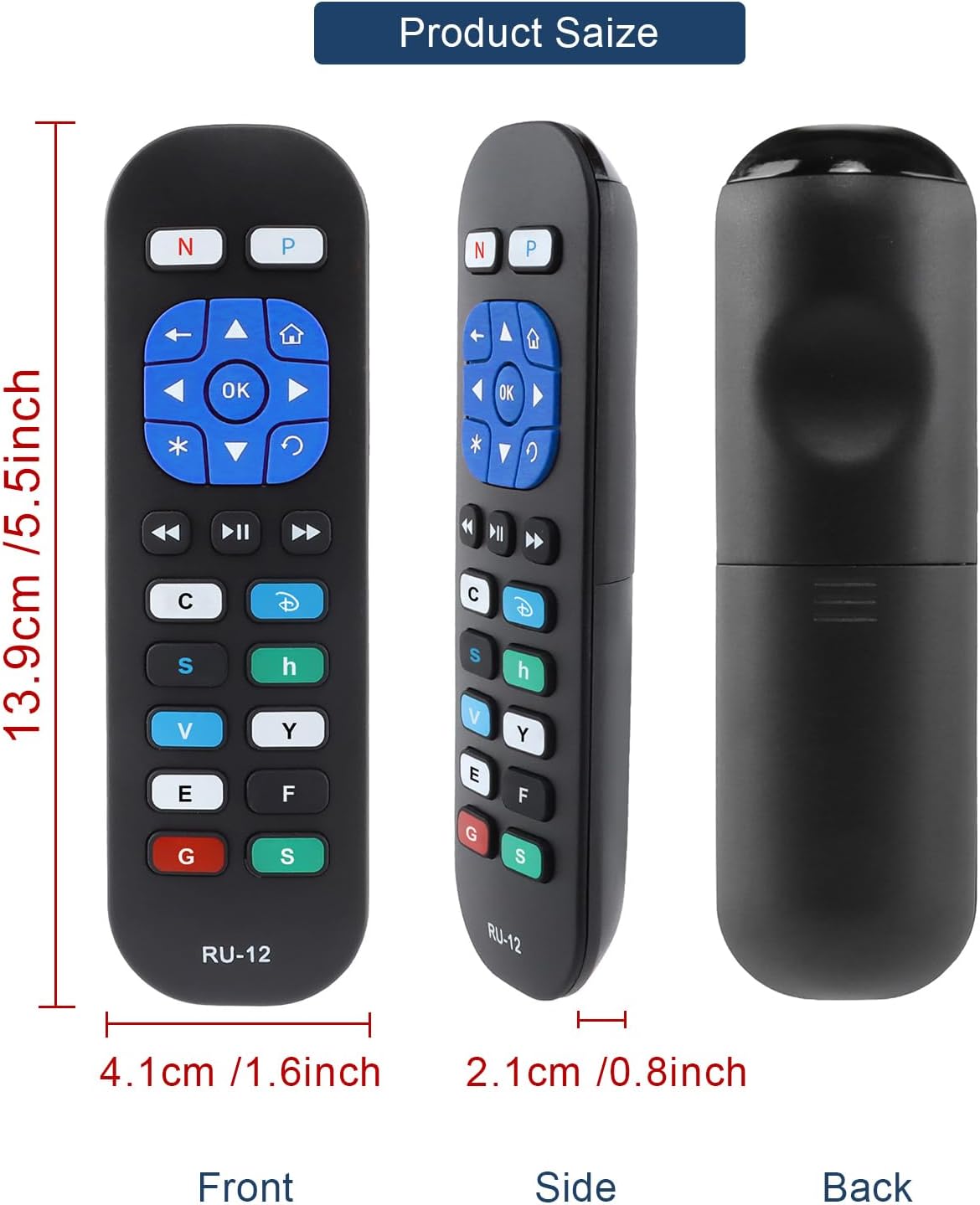 Image showing the dimensions of the YiBiChin RU-12 remote control.
