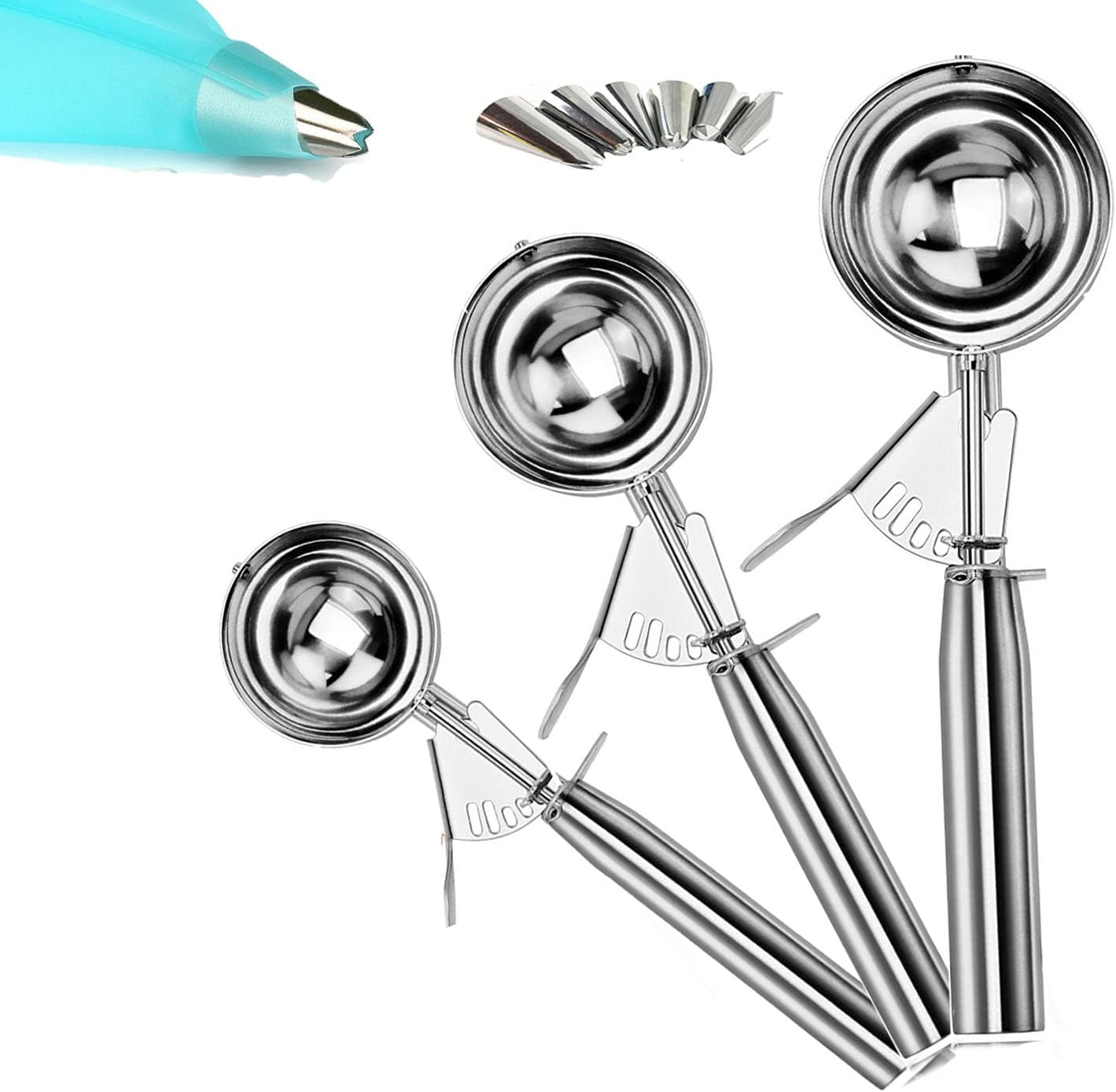 Ice Cream Scoop Set of 3 - Cookie Scoop Set with Trigger - Large Medium Small Excellent Stainless Steel Ice Cream Scooper, Muffin Scoop/Melon Baller/Potato Mashers for Kids and Families, Elegant Packa