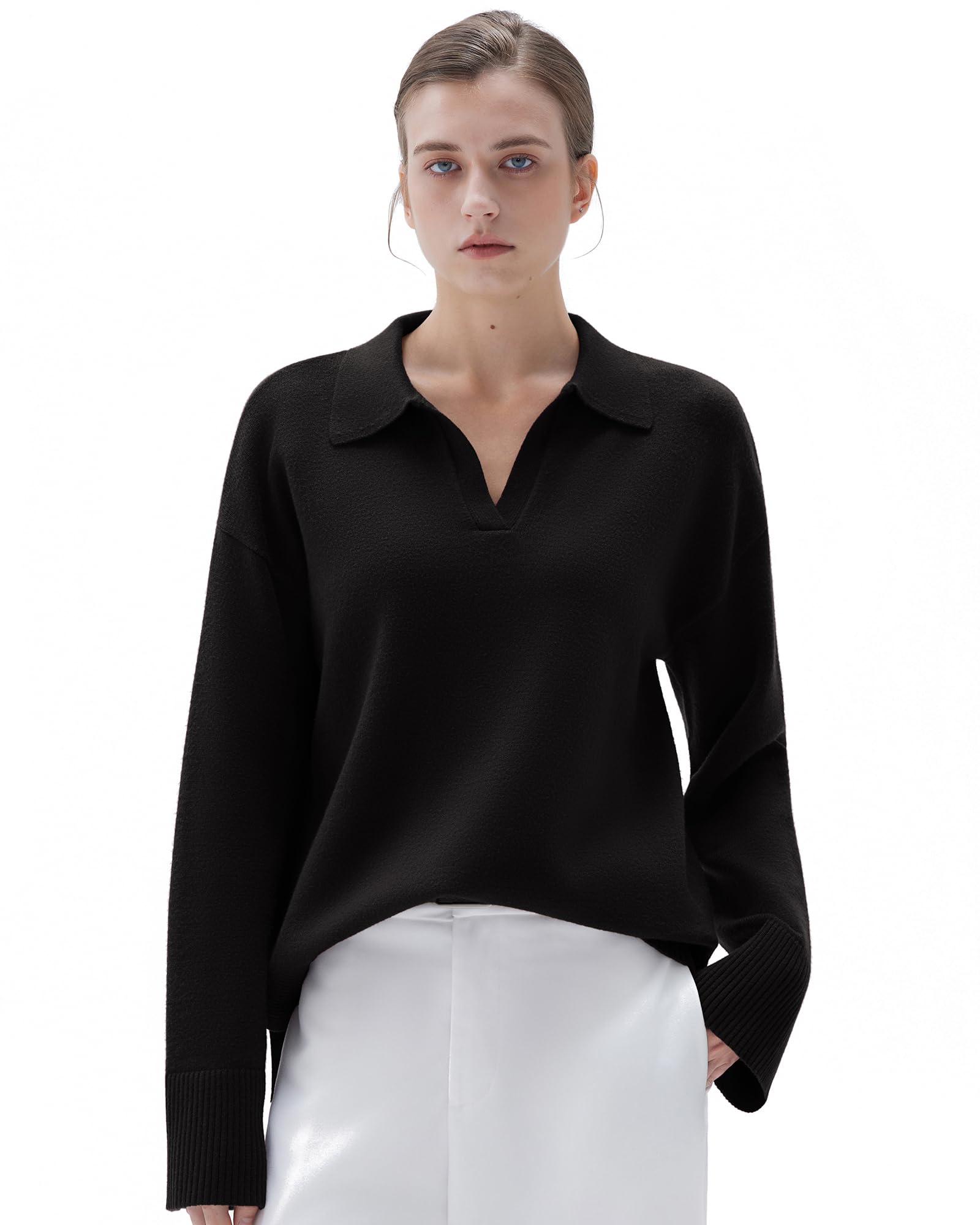 SUUKSESS Women Cashmere Oversized V Neck Pullover Sweaters Long Sleeve Collared Knit Jumper Tops