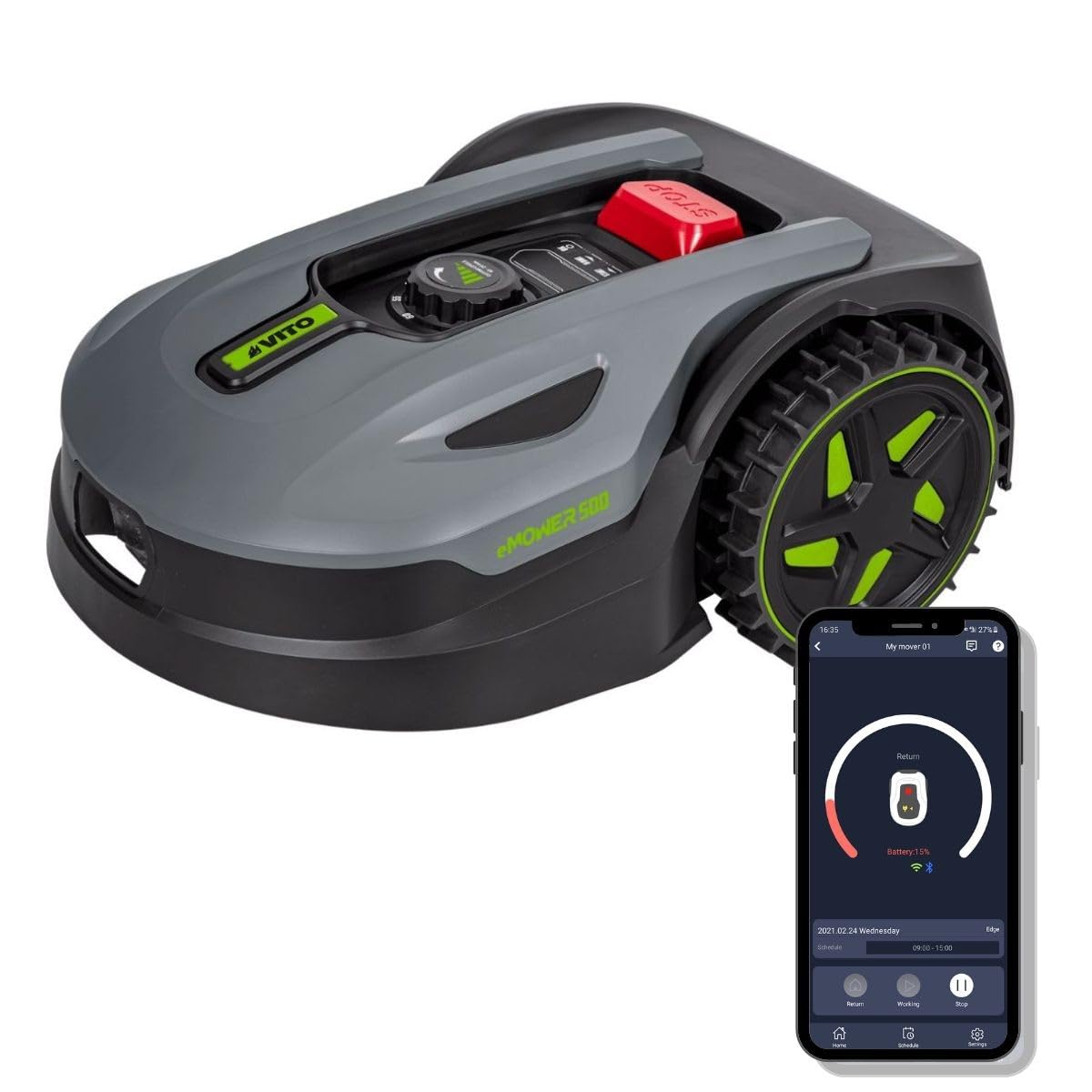 VITO EMOWER500 - Robot cortacésped conectado para jardín, 500 m² Max 20 V 2,5 Ah – Motor sin escobillas, silenciador 55 dB, autonomía de 90 minutos, corte aleatorio y programación/control vía App