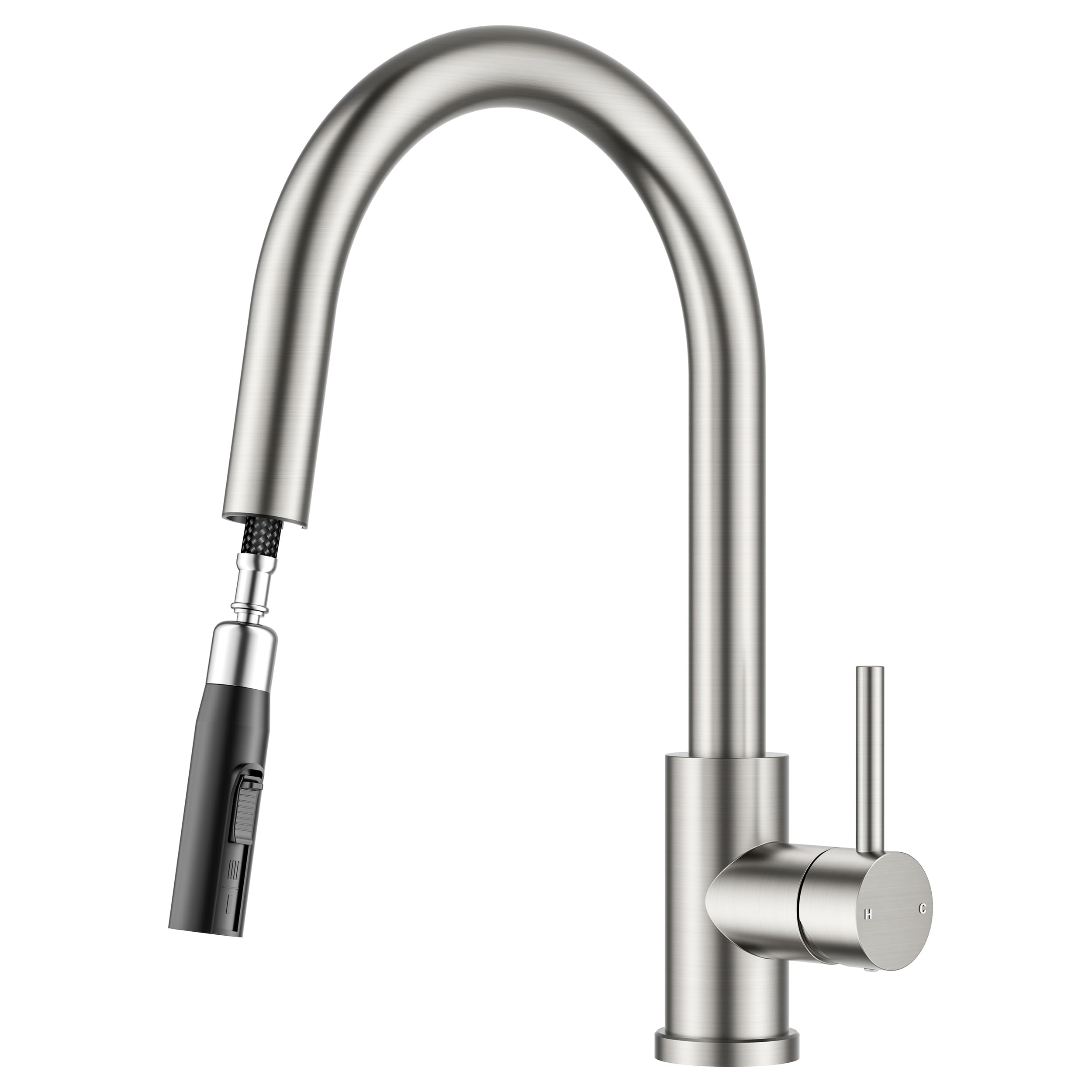 FORIOUS Wasserhahn Küche, Mischbatterie Küche mit Ausziehbar, Hochgebogene Küchenarmatur mit 2 Sprüharten, 360° Schwenkbar, Edelstahl