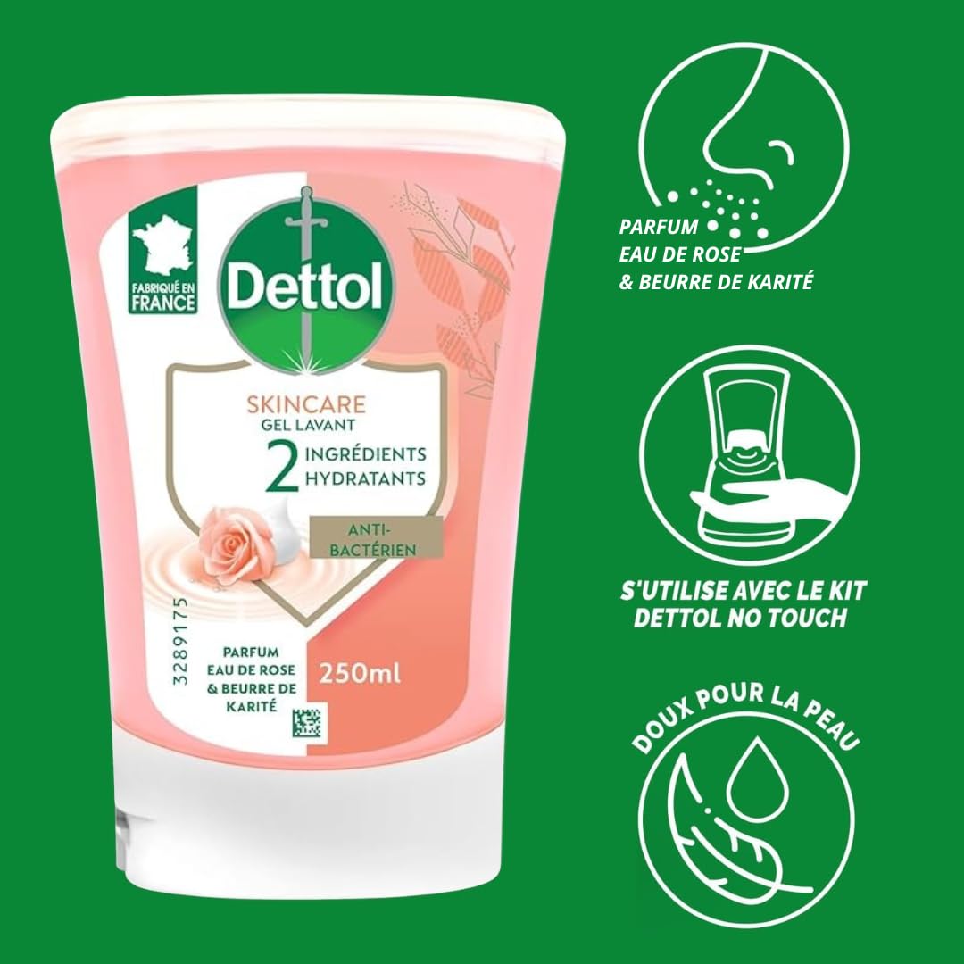 DETTOL No-Touch - Kit Citron Distributeur Automatique Savon Liquide Mains et 2 Recharges 250ml (Eau de Rose & Beurre de Karité)