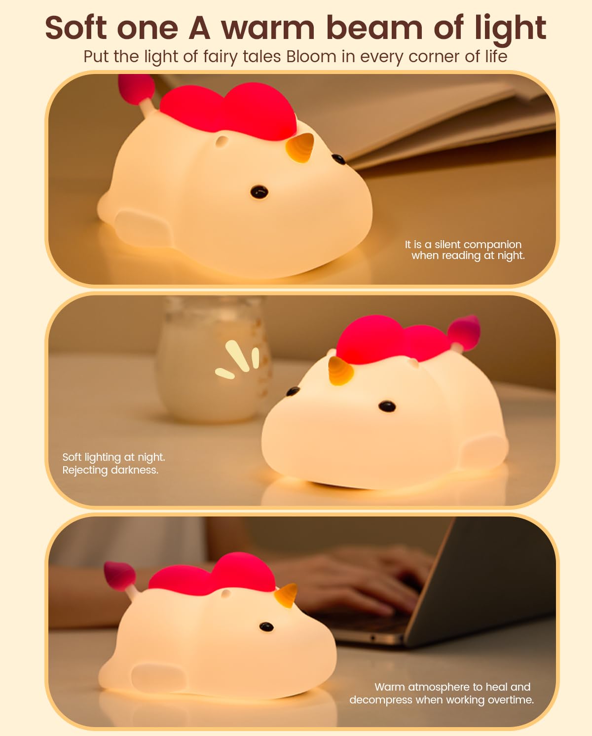 Unicorn Night Light for Kids Soft Silicone Tap Control Lamp with 30-Min Auto-Off Timer Rechargeable Portable LED Bedroom — view 6