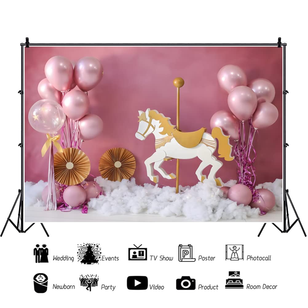 Aoihrraan 3x2,5m Telón Fondo Rosa Globo Algodón Nubes Dorado Merry-Go-Round Hotpink Pared Habitación Fotografía Fondo Cumpleaños Fiesta Novia Baby Shower Niña Retrato Artístico Foto Atrezzo Vinilo