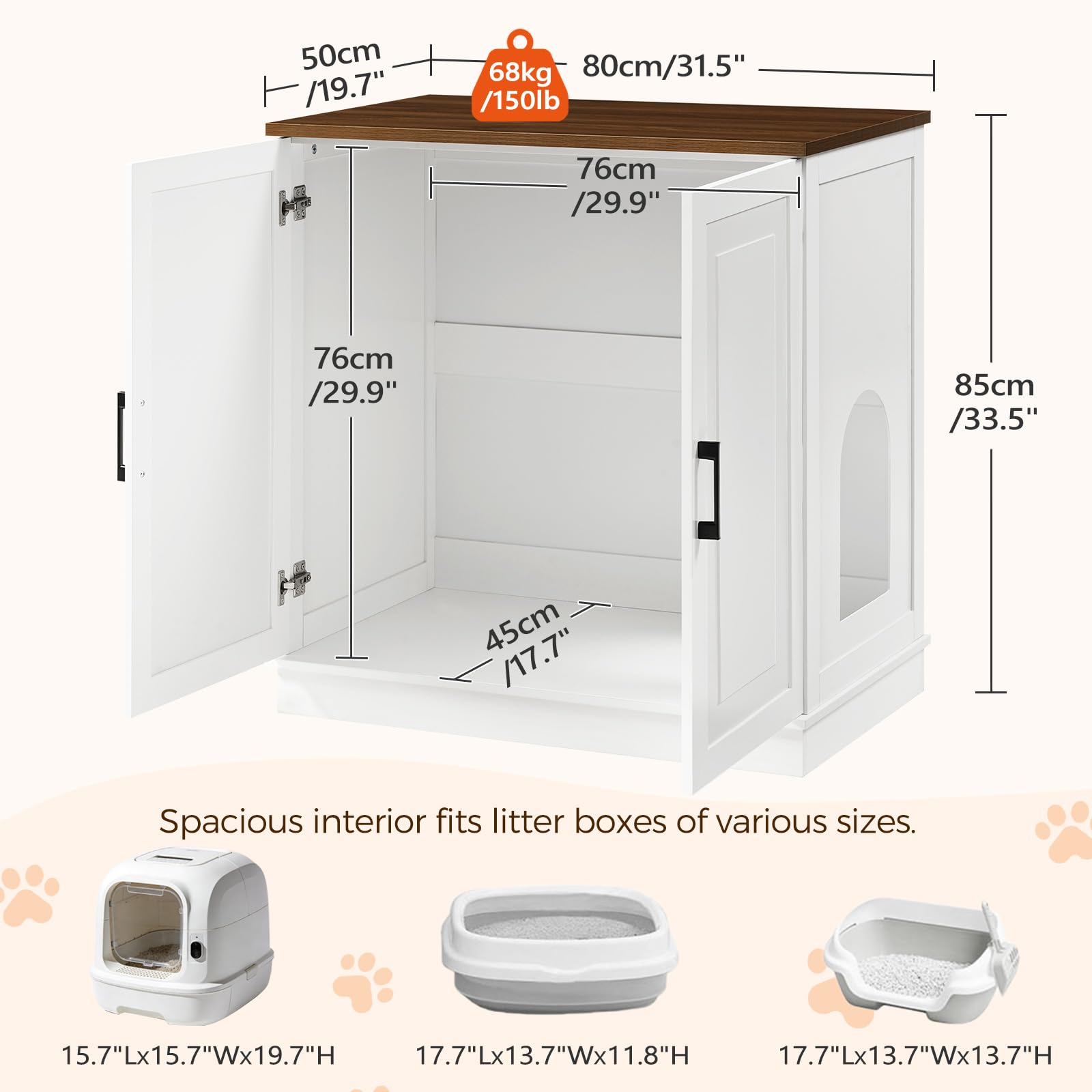 MAHANCRIS Large Cat Litter Box Enclosure, 33.5" Tall Hidden Litter Box Furniture for Self Cleaning Litter Box, Farmhouse Wooden Litter Box Cabinet, Cats House, Side Table, White and Walnut CWBZ3501 - image 3