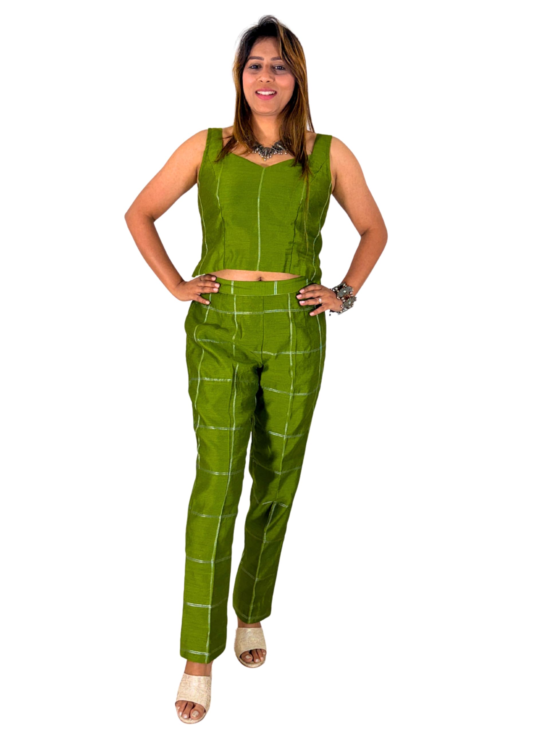 Cotton Silk Jamdani Olive Green Kaftan Set for Women | 3 Piece Set with Inner Top & Pants | Ethnic Fusion Wear-image-38