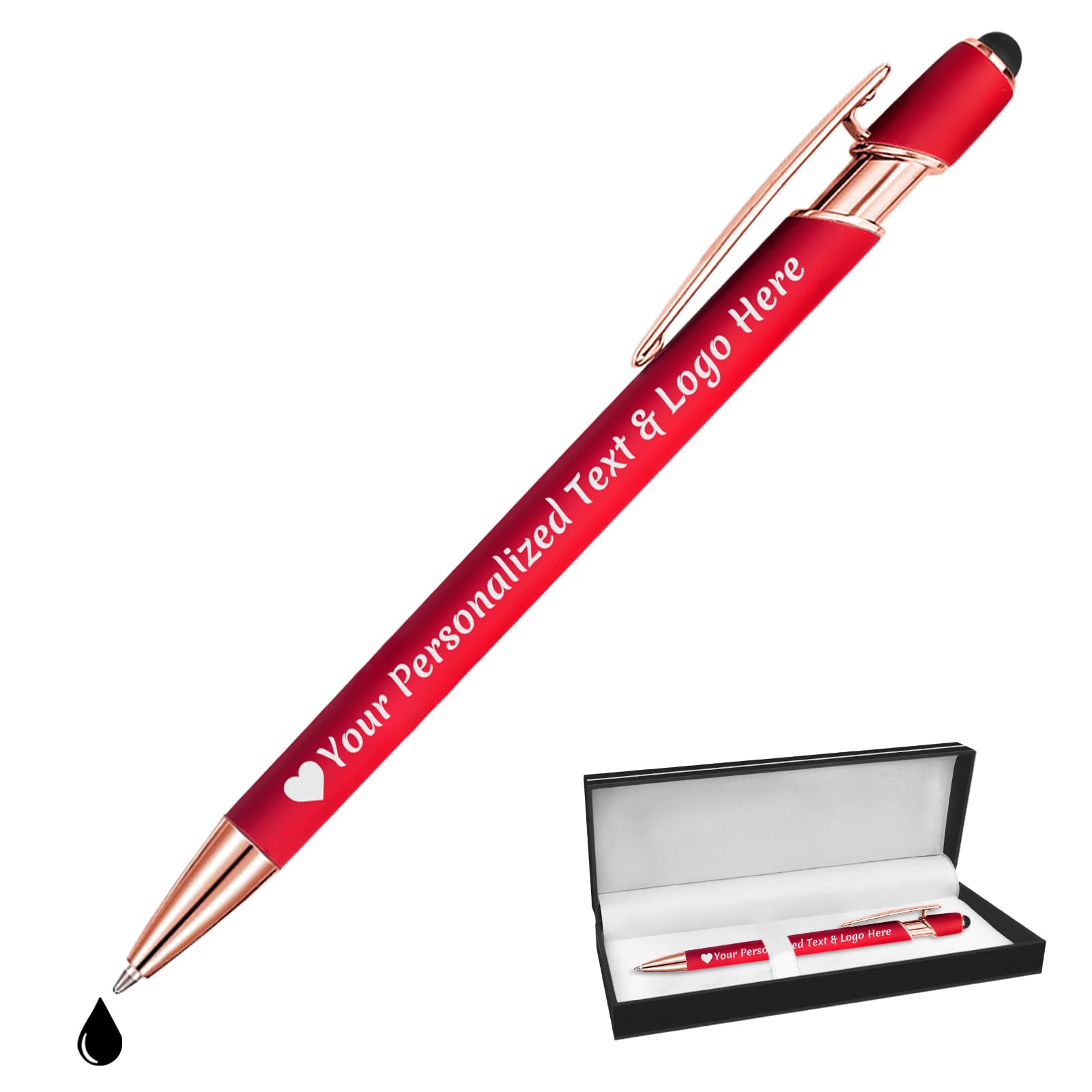 STREADVE Personalised Pen Add Your Own Logo Name Pens Engraved Customised Ballpoint Pen Writing Stylus Pen Custom Baby Shower Birthday Gift Unique Present, Red