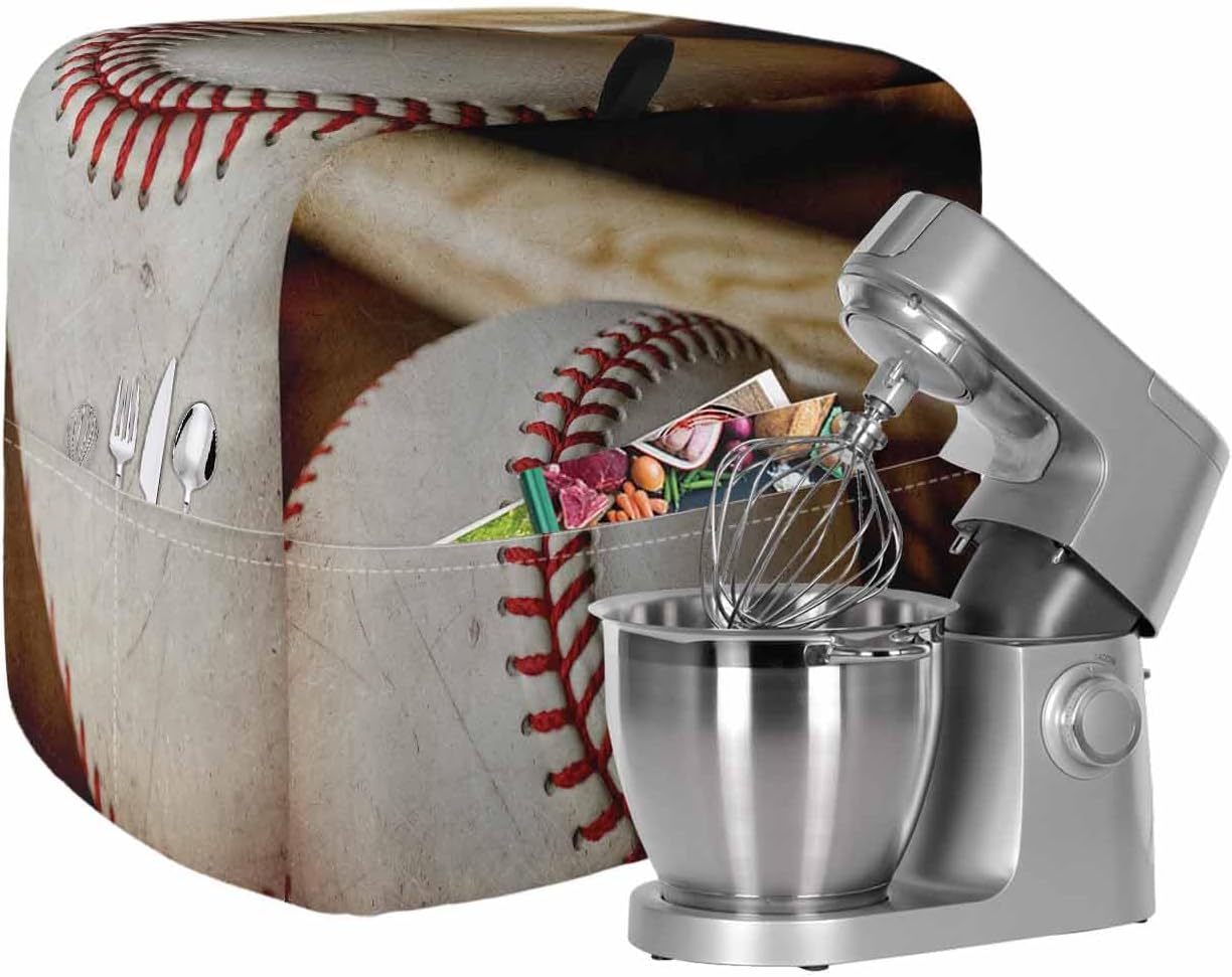 Vintage Baseball Stand Mixer Cover with Storage Pocket, Waterproof Kitchen Mixer Covers, Classic Sport Retro Art Wooden Kitchen Appliance Dust Cover Compatible with 5-8 Quart Mixers