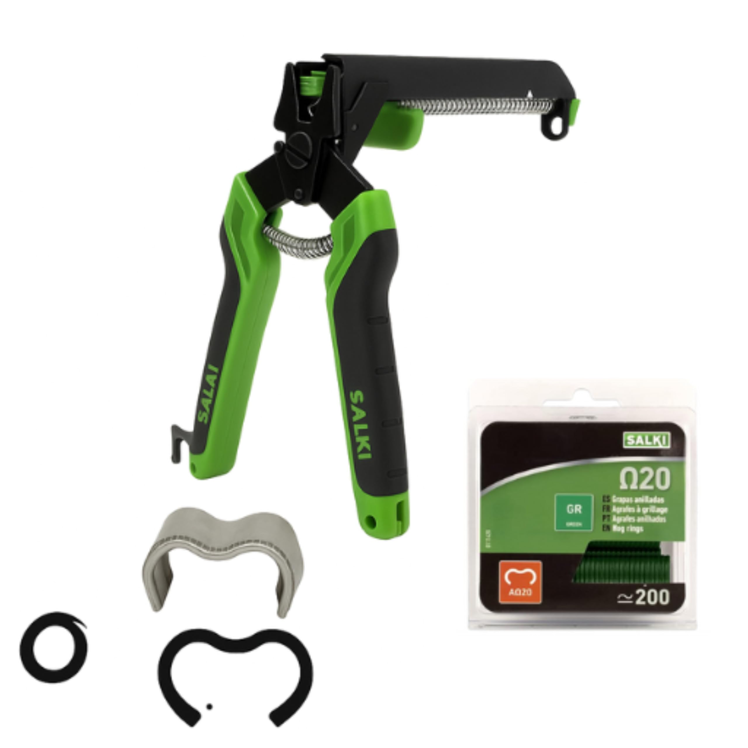SALKI Pack Grapadora Cercas con Cargador FSK20C - Grapadora para Vallas con Cortador de Alambre Incorporado + Blíster de 200 Grapas Ω20 Verde