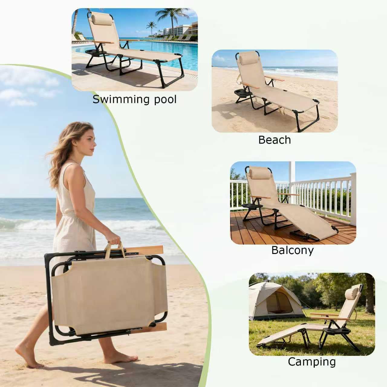 Gartenliege mit Sonnendach, Strandliege Klappbar Leicht, Sonnenliege Klappbar, Gartenliege Wetterfest, Verstellbare Campingliege für Garten, Balkon, Camping, Strand (Beige, Mit Sonnendach)