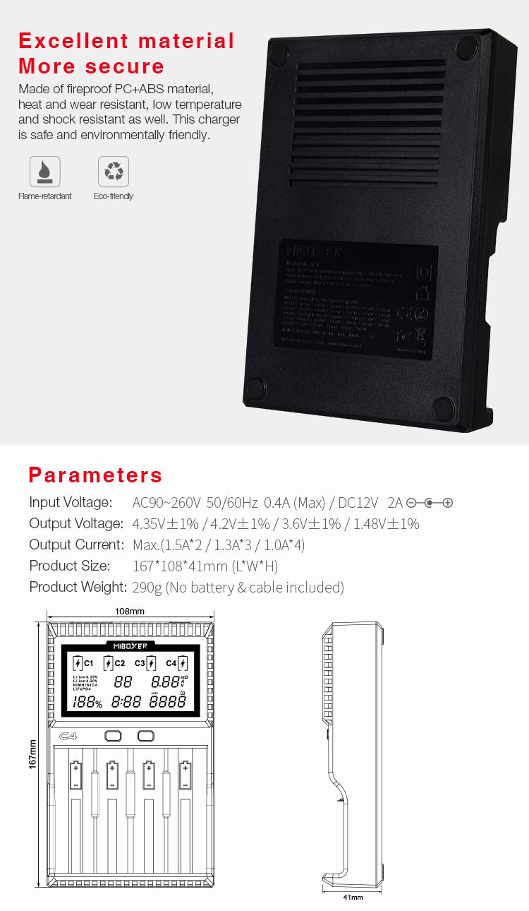 LGIDTECH C4 18650 Chargeur de Batterie Intelligent 4 emplacements avec écran LCD pour Batteries Rechargeables Li-ION (4,2 V/4,35 V)/IMR/INR/ICR/LiFePO4 (3,6 V)/Ni-MH/Ni-CD (1,48 V)