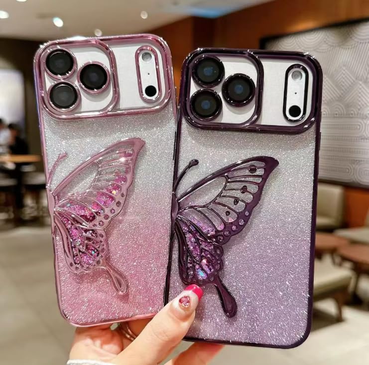 Image of Thermoplastic Polyurethane Designed Comatable with iPhone 17 Pro Max Case Glitter Cute Butterfly Plating Design Aesthetic Women Girls Cover for iPhone 17 Pro Max (Purple)