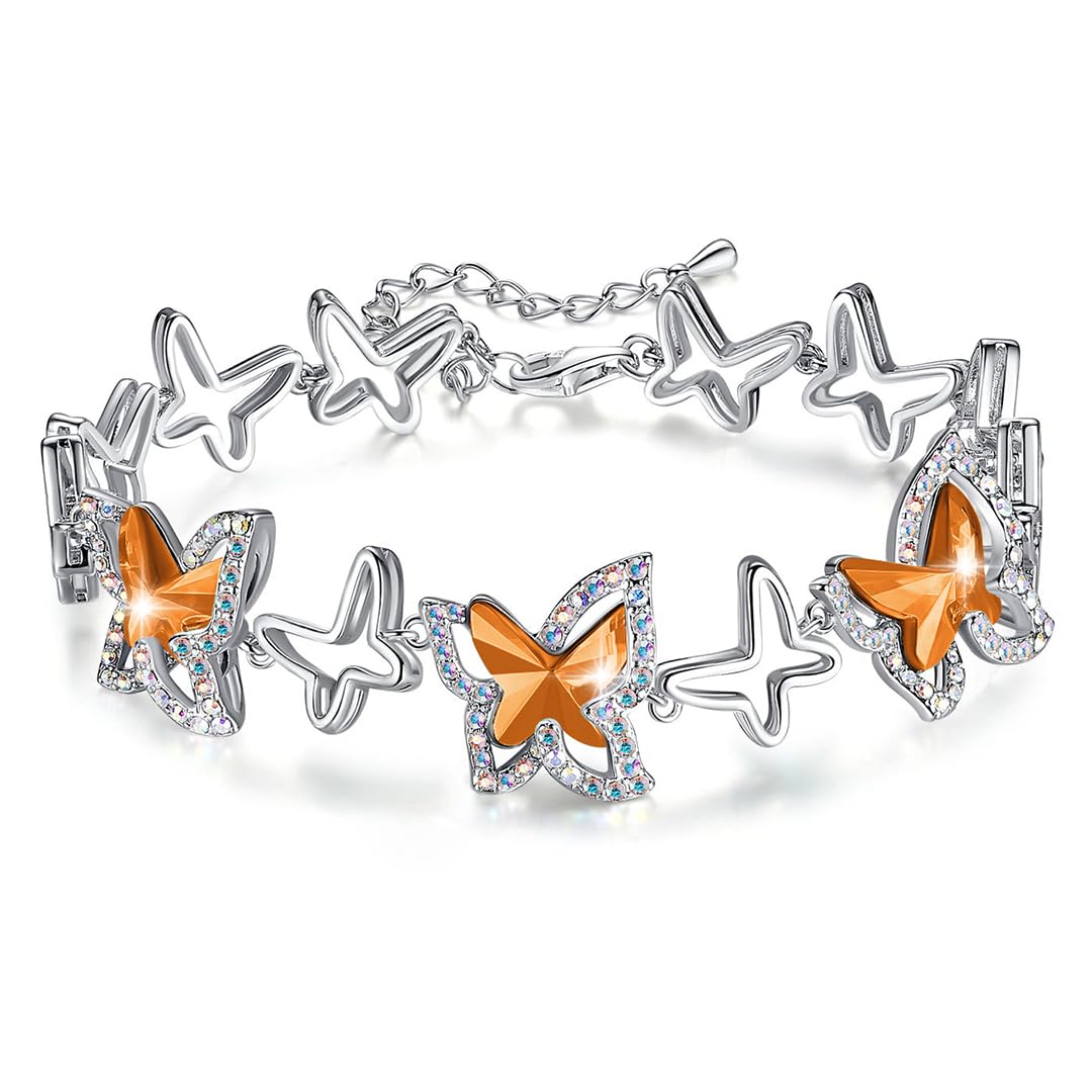 Butterfly Link Charm Bracelet, Birthstone Crystal, for Women, Silver Tone Jewelry, Anniversary Birthday Gift for Her, Wife &amp; Mom, 7"+2" Chain